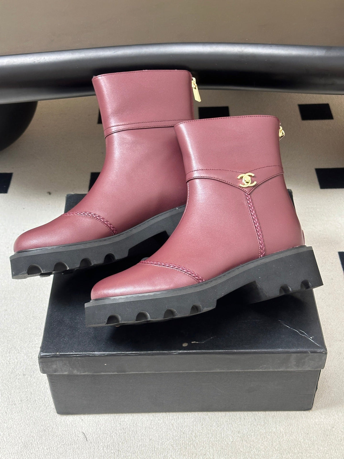 Chanel 26s Ankle Boots Lug Sole CC Charm Burgundy Calfskin Leather 185676