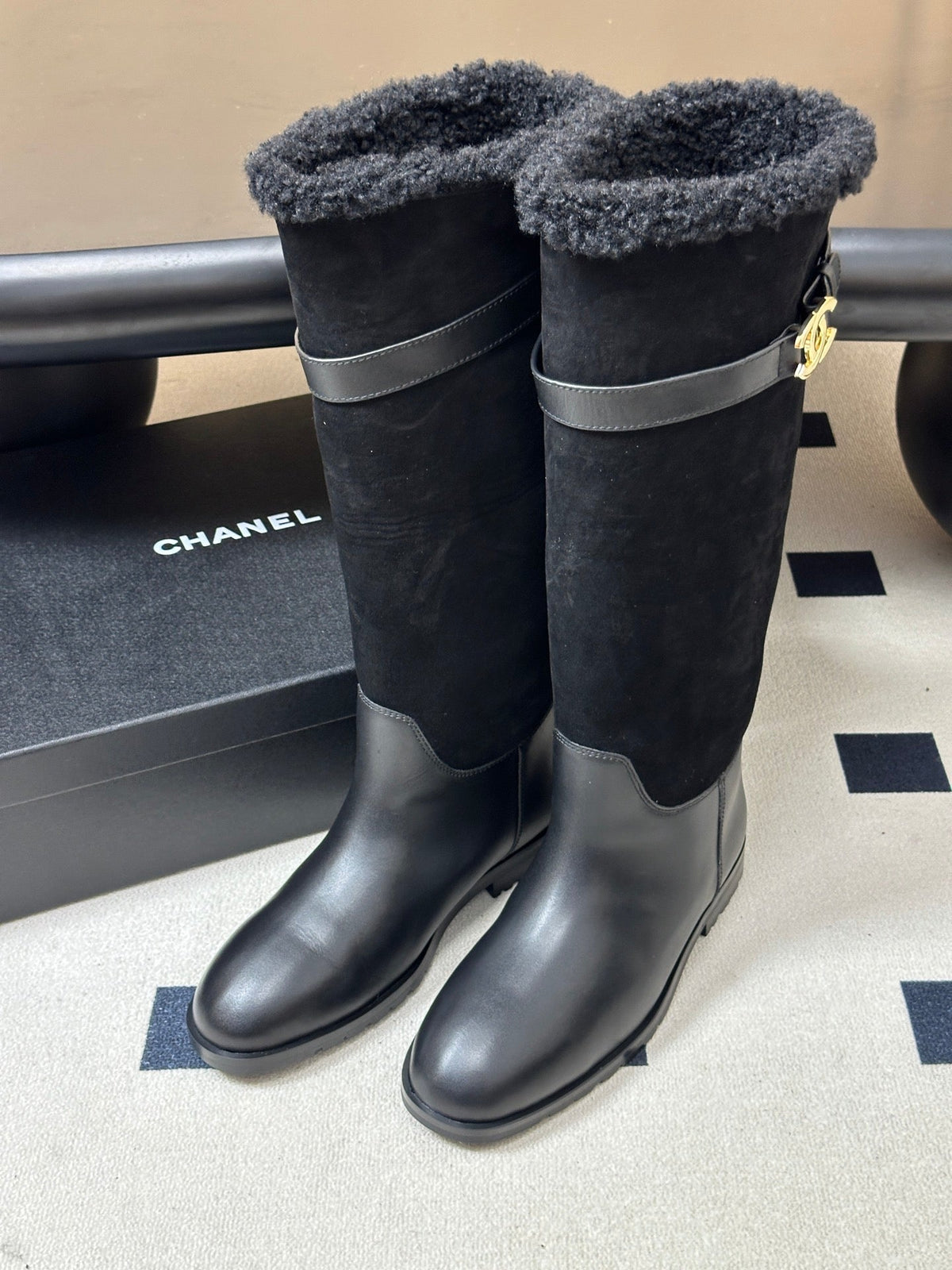 Chanel 26s Knee High Boots Shearling Fur Buckle CC Black Suede Leather 185683