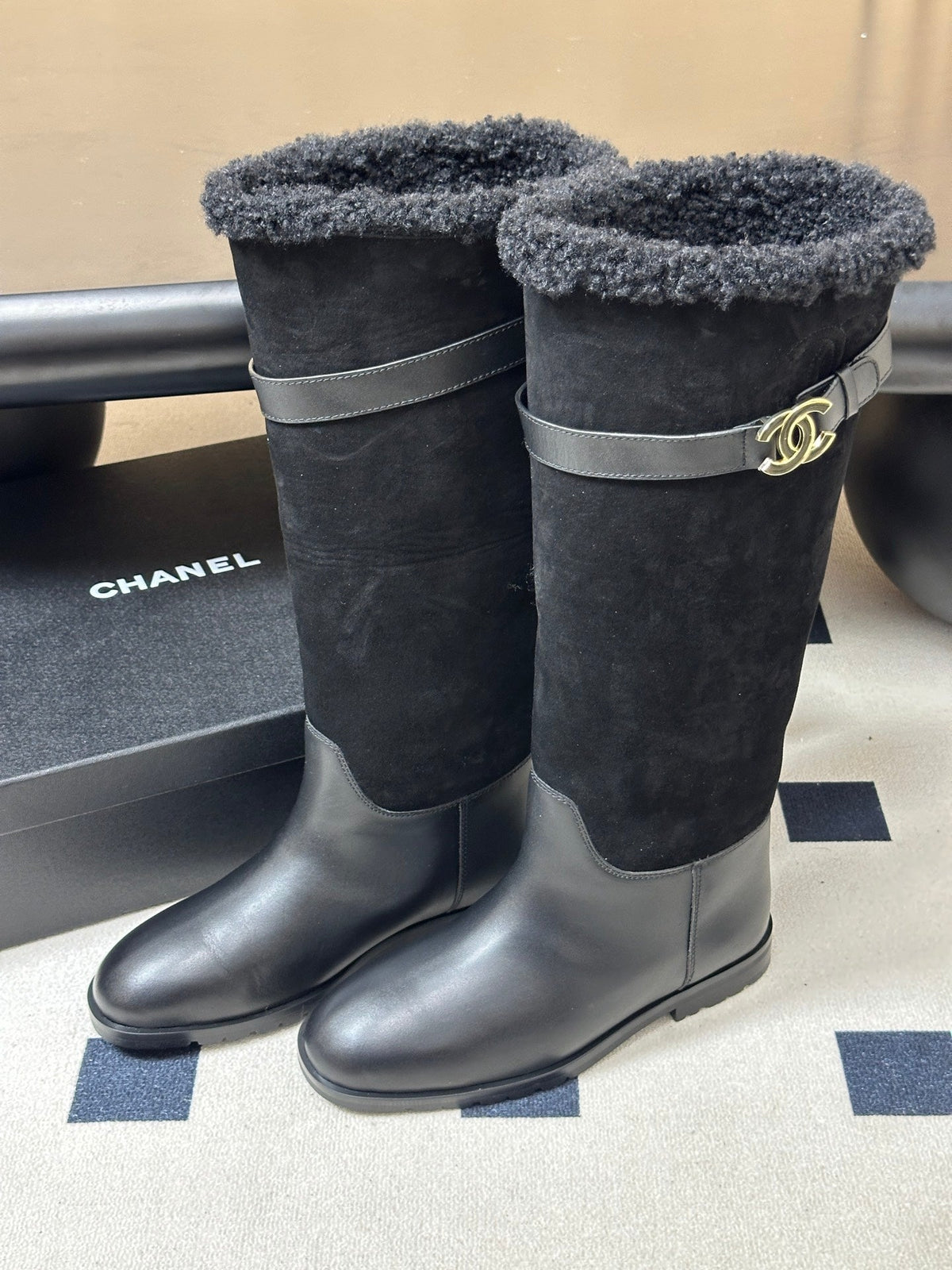 Chanel 26s Knee High Boots Shearling Fur Buckle CC Black Suede Leather 185683