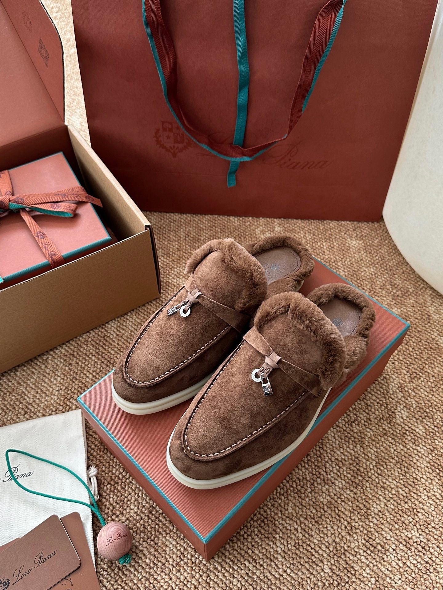 Loro Piana Charms Walk Flat Mules Chocolate Suede Fur 623529