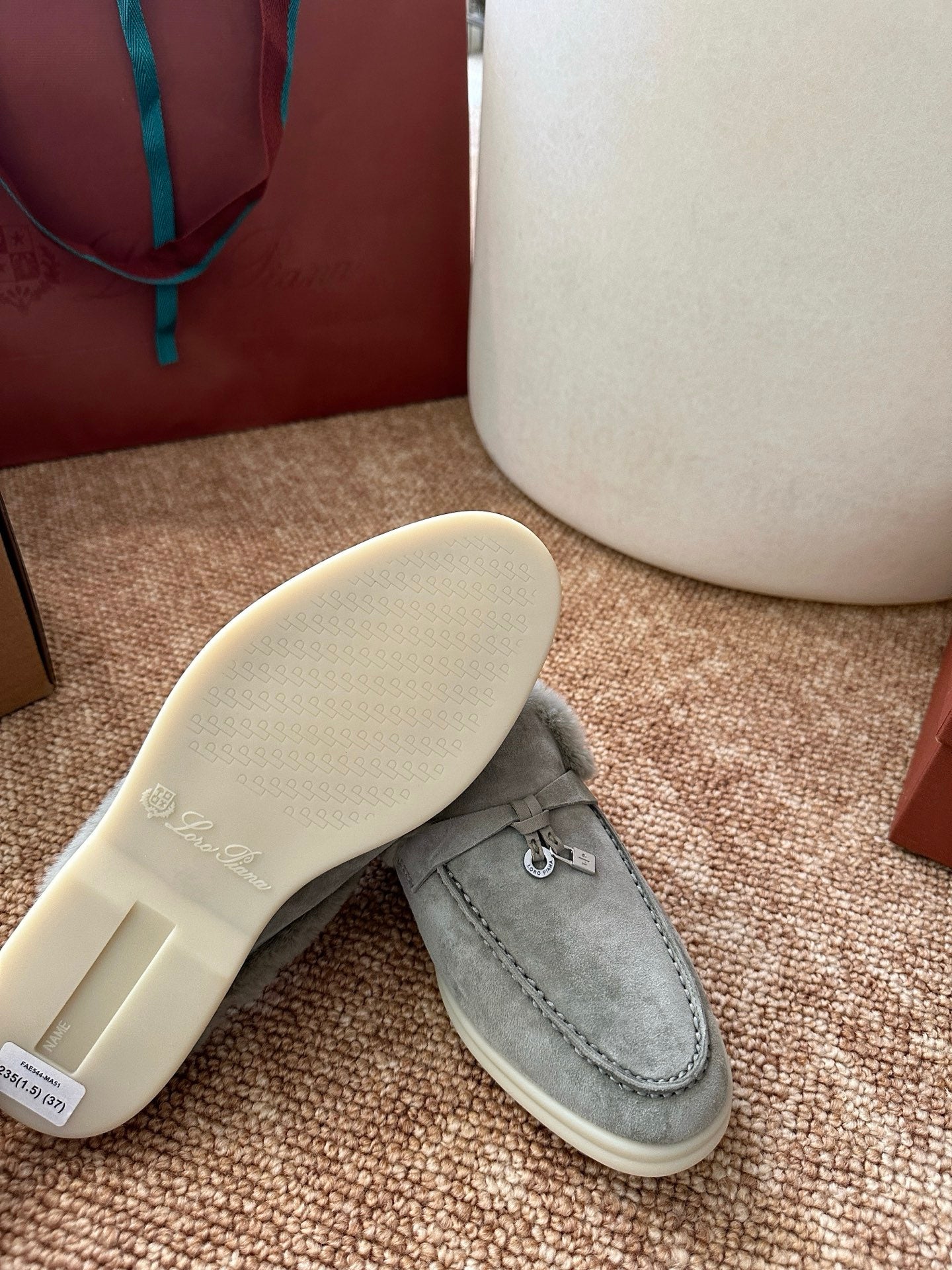 Loro Piana Charms Walk Flat Mules Gray-Green Suede Fur 623534