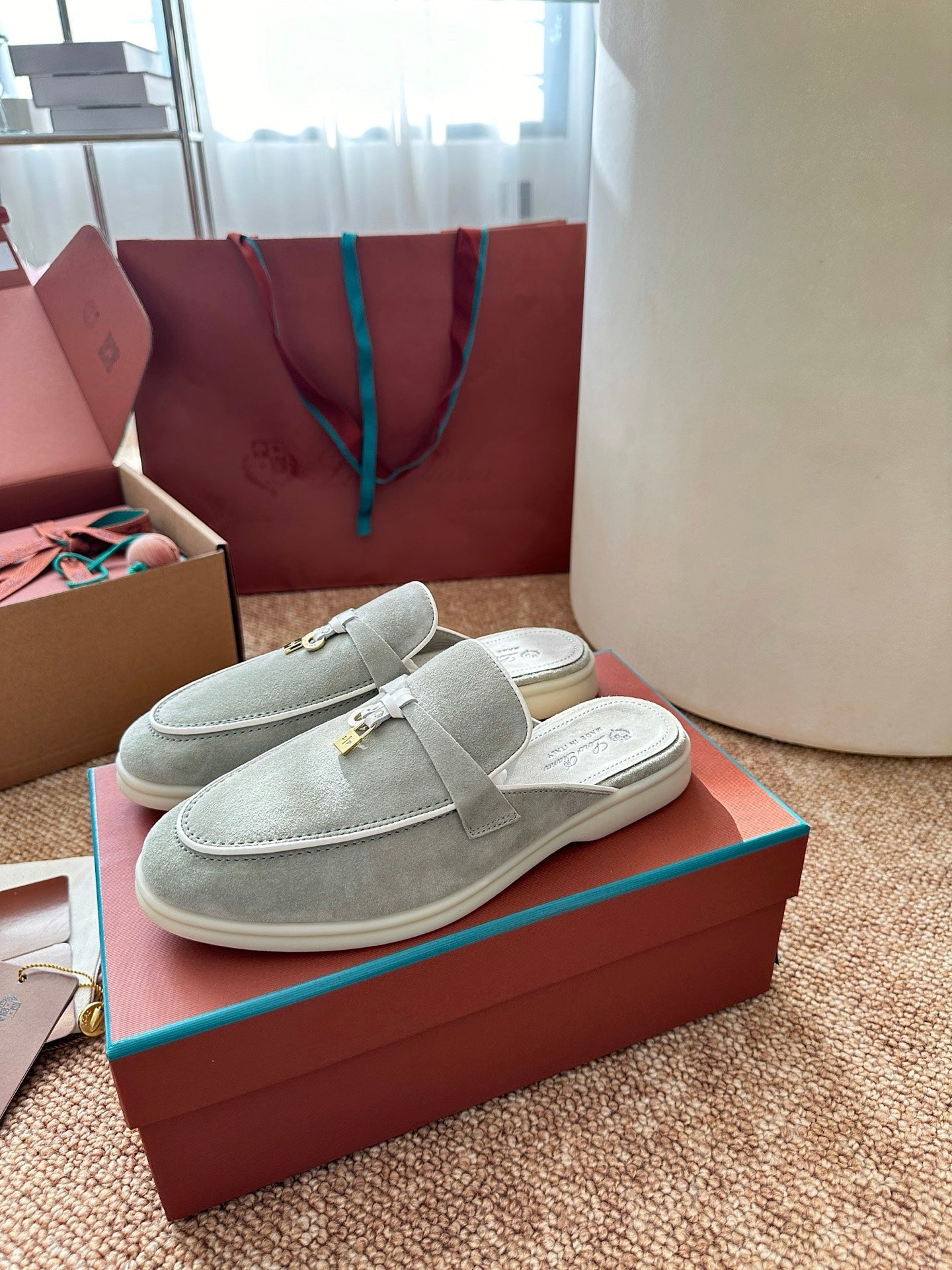 Loro Piana Charms Walk Flat Mules Targan GreenSuede 623545