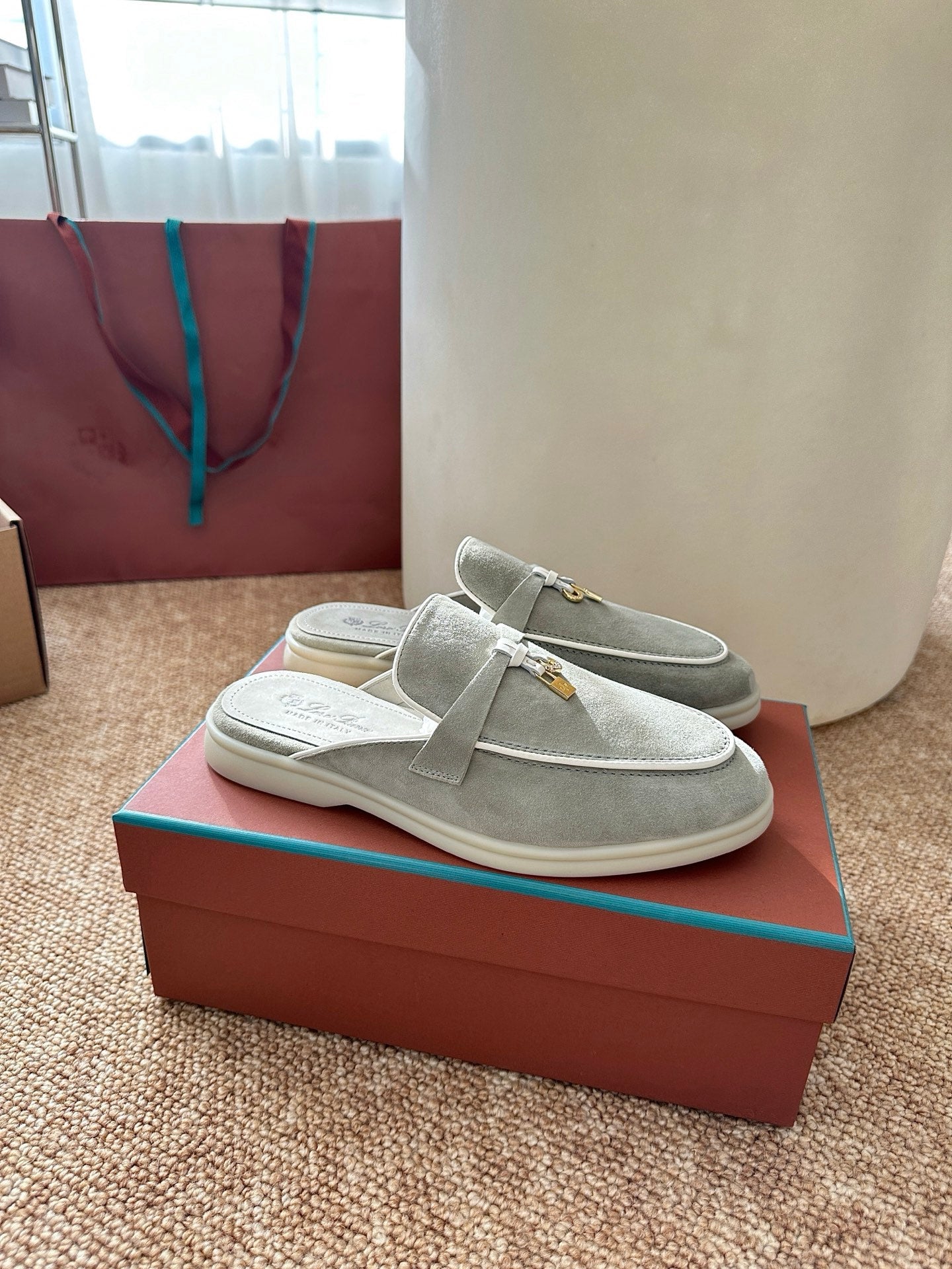 Loro Piana Charms Walk Flat Mules Targan GreenSuede 623545