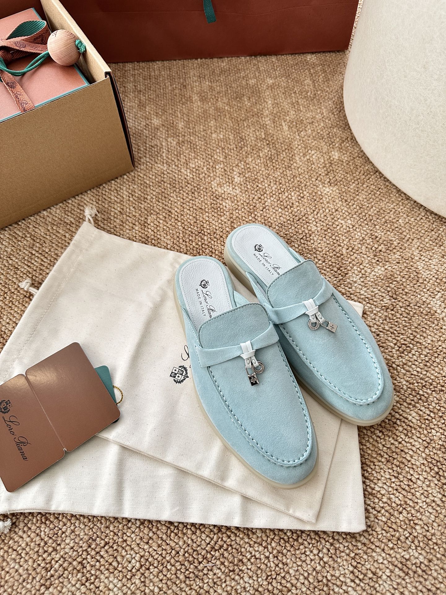 Loro Piana Charms Walk Flat Mules Pale Blue Suede 623551