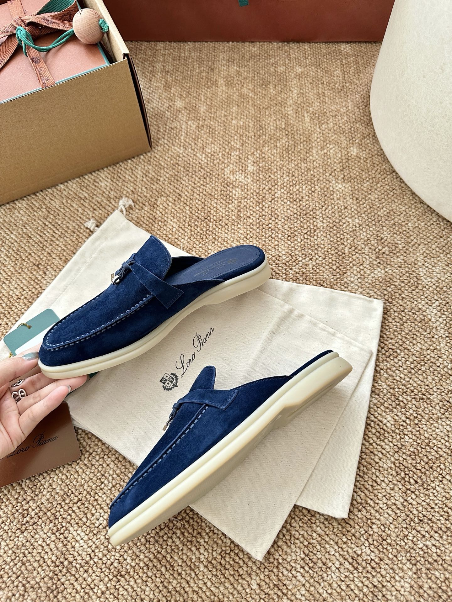 Loro Piana Charms Walk Flat Mules Dark blue Suede 623553