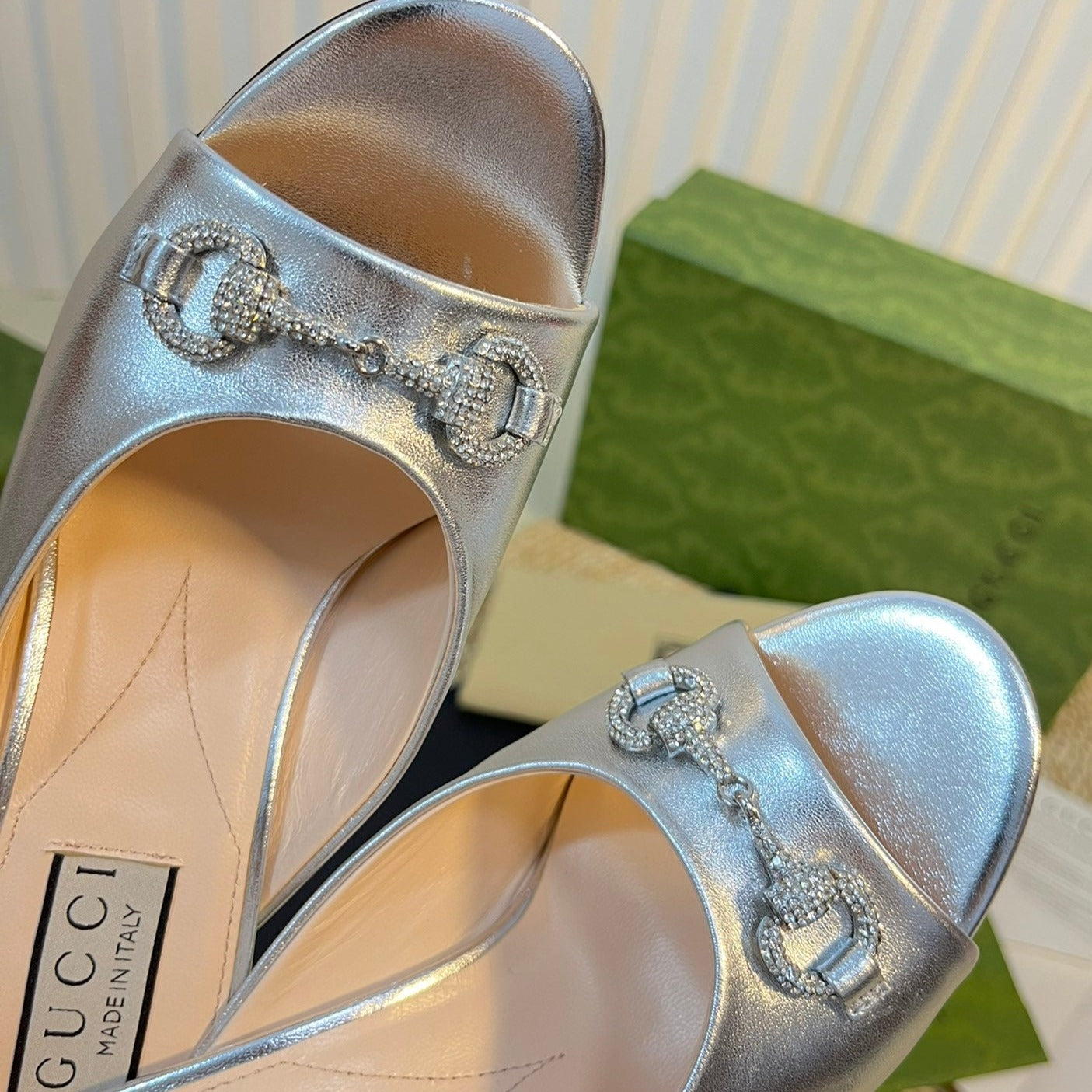 GG Women's Horsebit mid-heel slide sandal in Silver
