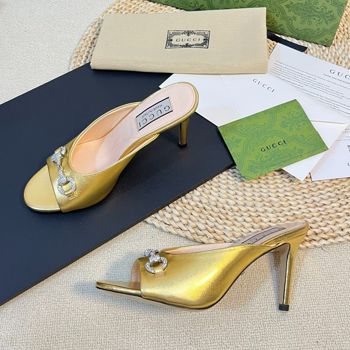 GG Women's Horsebit mid-heel slide sandal in Gold