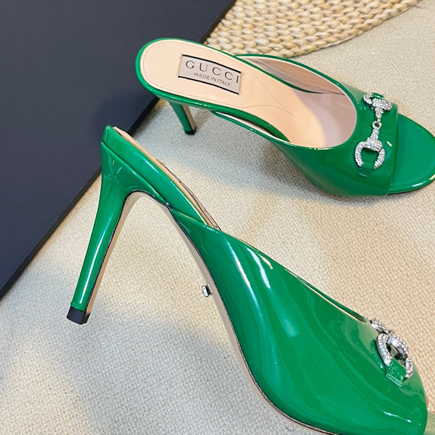 GG Women's Horsebit mid-heel slide sandal in glossy Jade Green