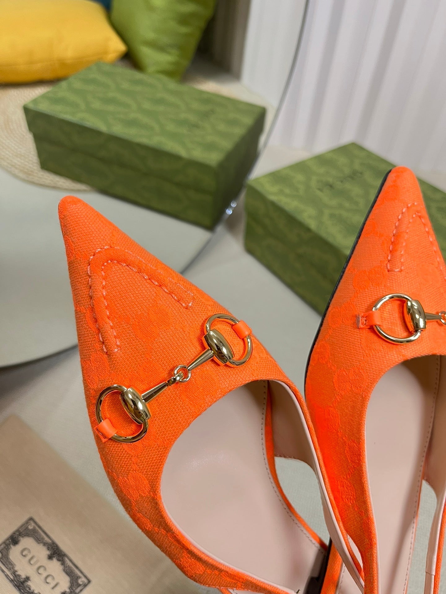 GC Horsebit Slingback Pump 10mm Orange Canvas Sheepskin 294540