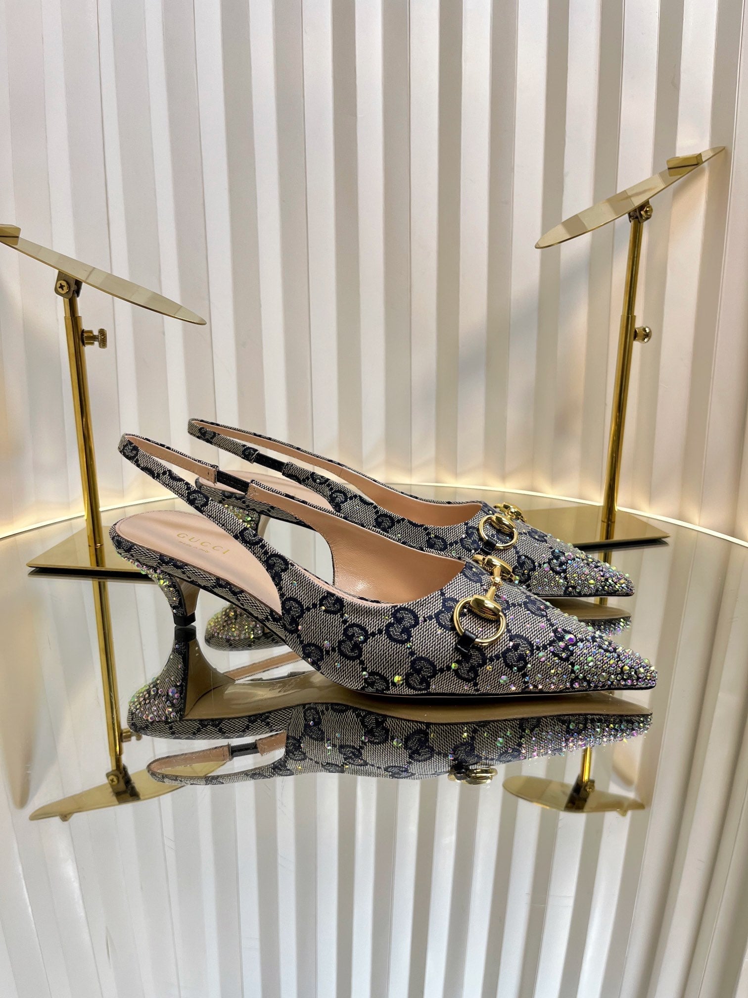 GC Crystal Horsebit Slingback 50mm Beige mix Blue Canvas lambskin 294616