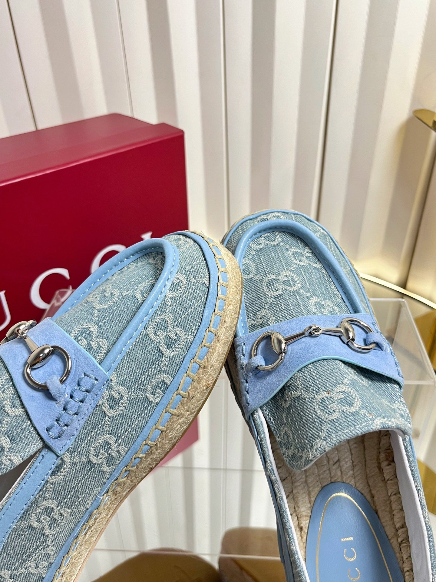GG 26s Horsebit Espadrilles Flat Light Blue Canvas Suede 768176