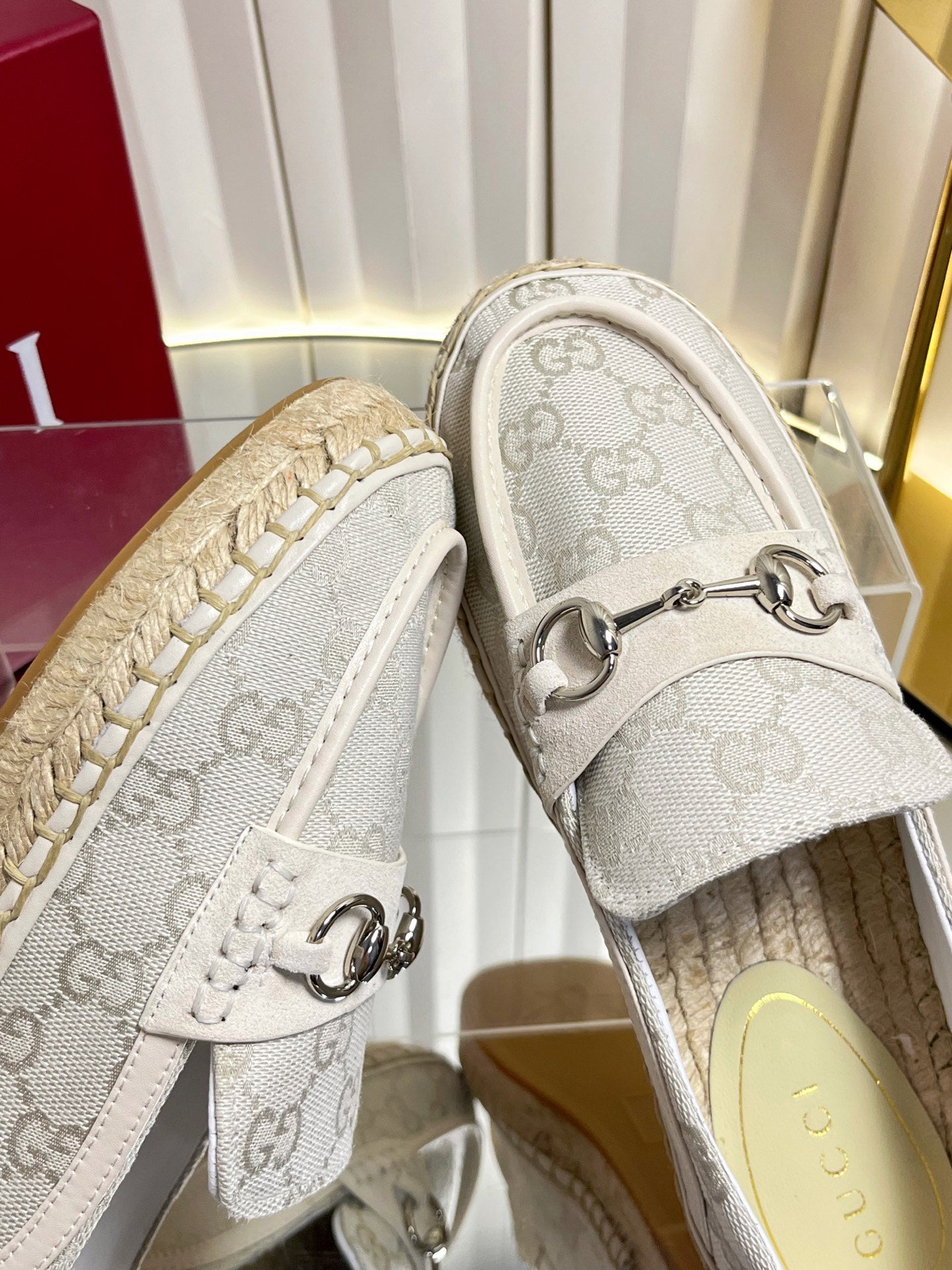 GG 26s Horsebit Espadrilles Flat Light Grey Canvas Suede 768178