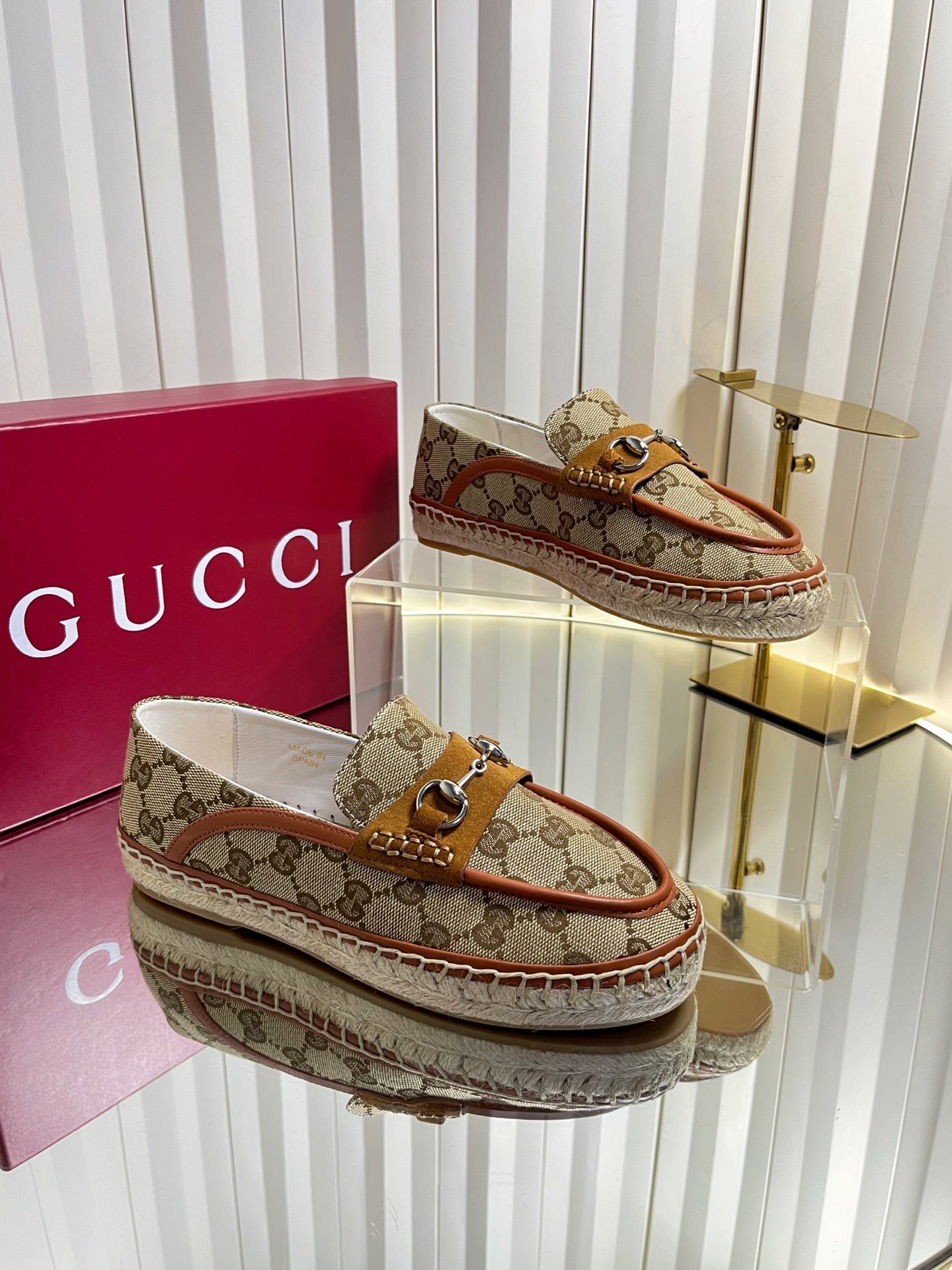 GG 26s Horsebit Espadrilles Flat Beige Brown Canvas Suede 768179