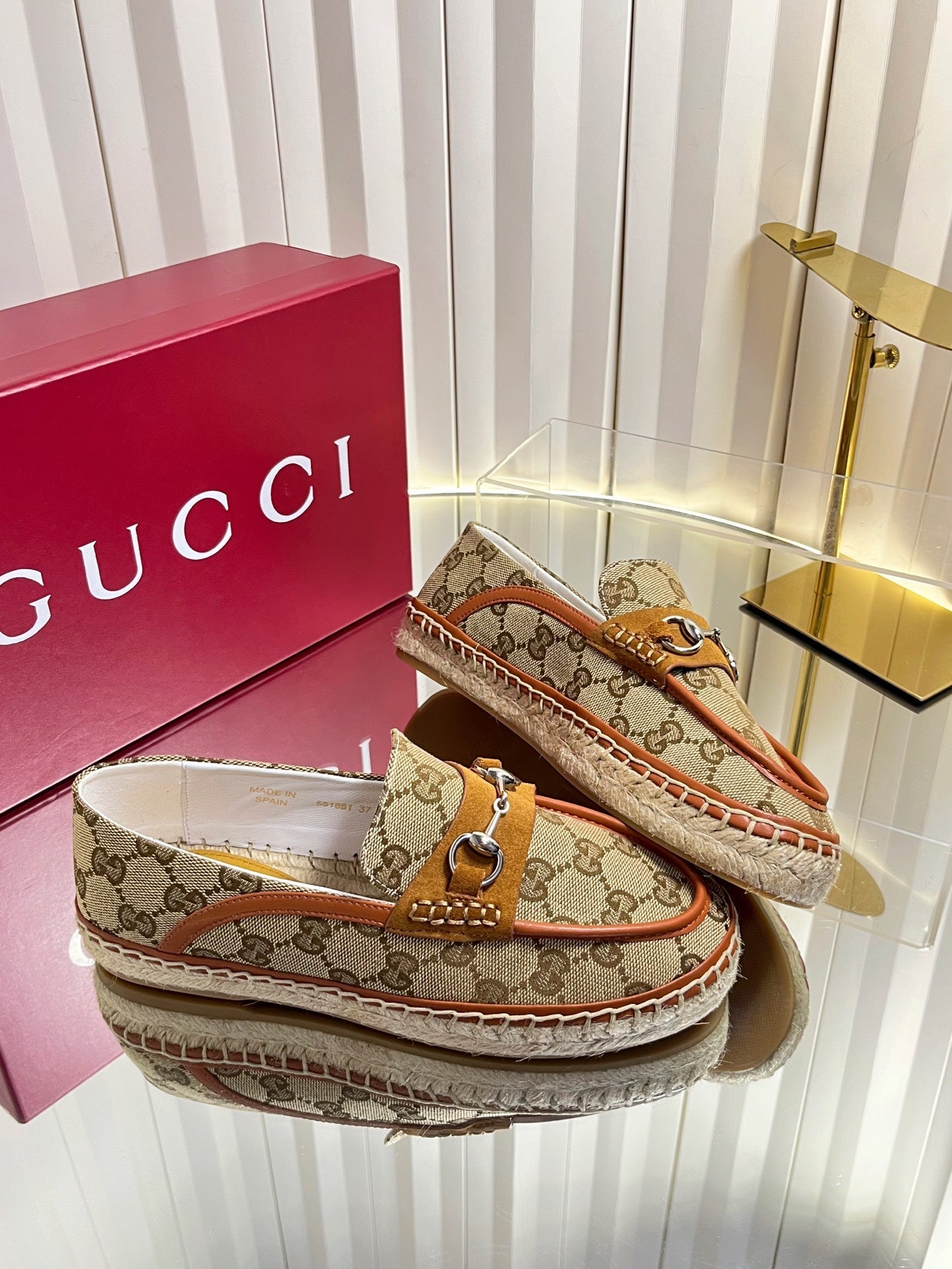 GG 26s Horsebit Espadrilles Flat Beige Brown Canvas Suede 768179