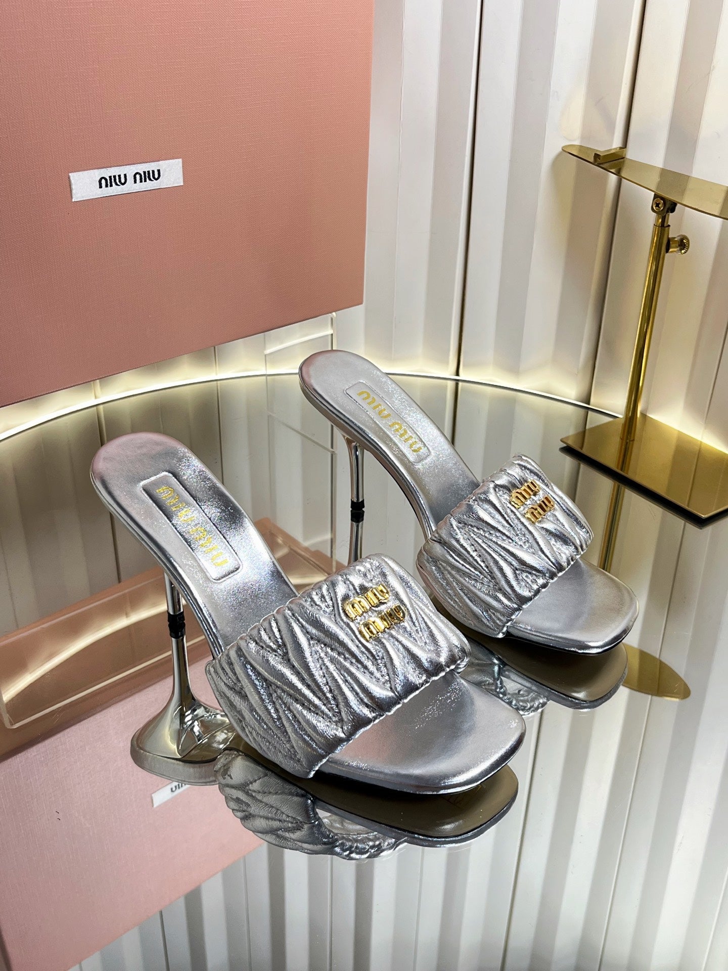 Miumiu 26s High-Heel Mule Sandals 85mm In Sliver Calfskin Gold Hardware