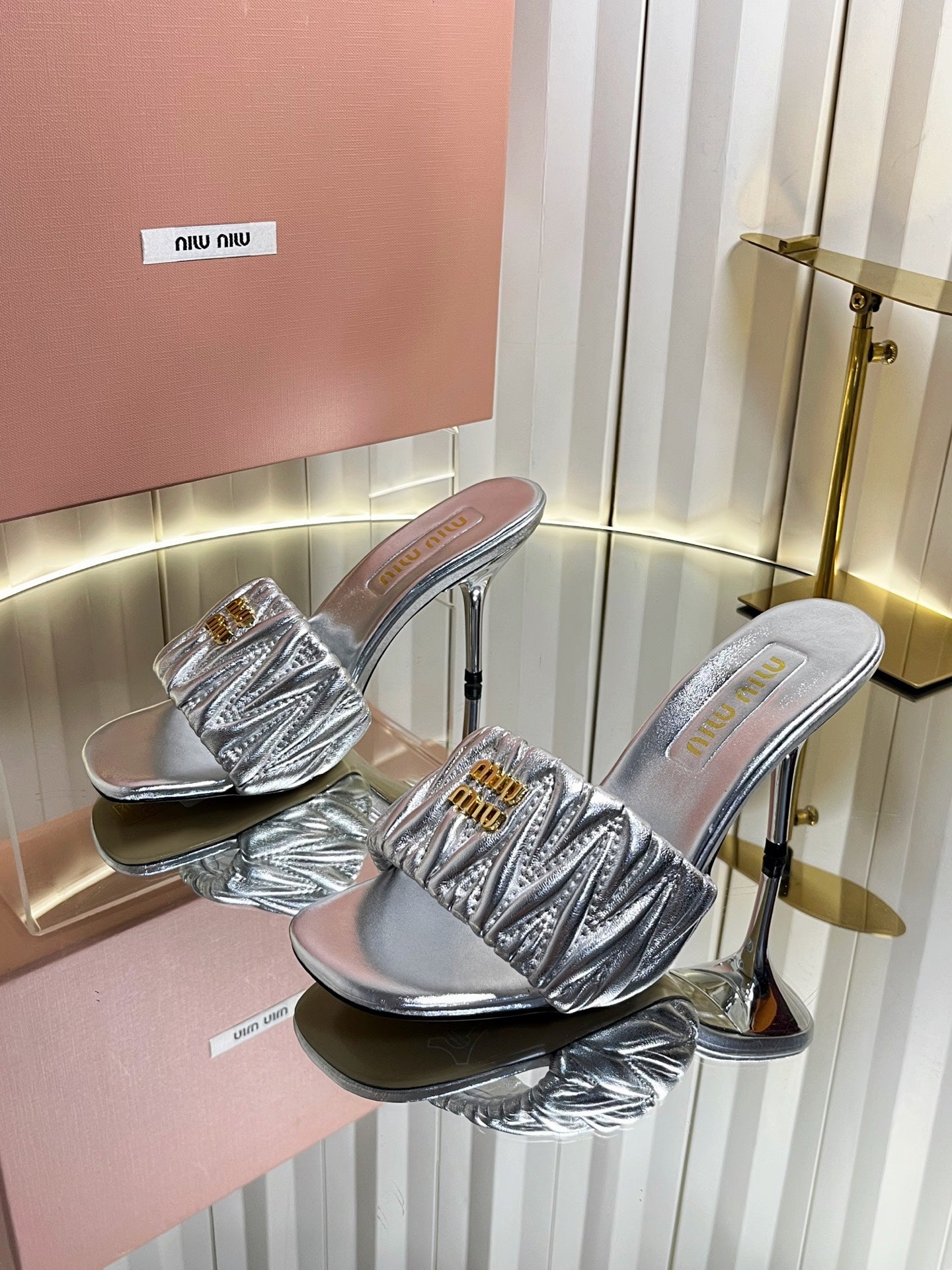 Miumiu 26s High-Heel Mule Sandals 85mm In Sliver Calfskin Gold Hardware