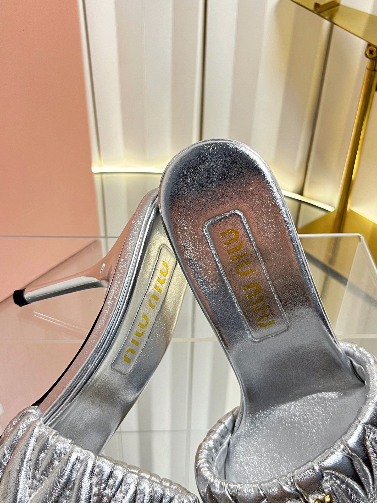 Miumiu 26s High-Heel Mule Sandals 85mm In Sliver Calfskin Gold Hardware
