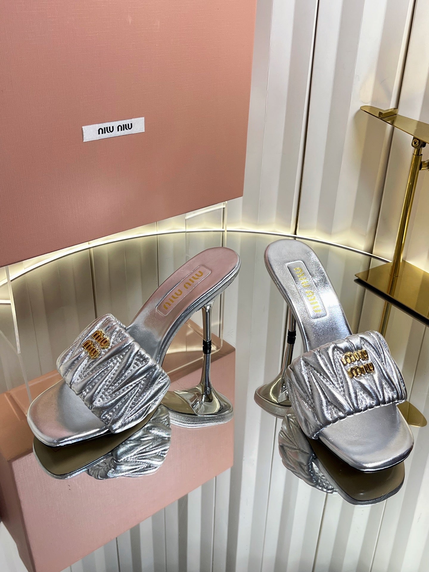 Miumiu 26s High-Heel Mule Sandals 85mm In Sliver Calfskin Gold Hardware