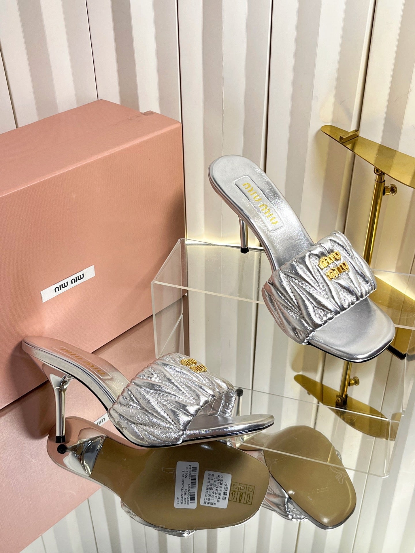 Miumiu 26s High-Heel Mule Sandals 85mm In Sliver Calfskin Gold Hardware