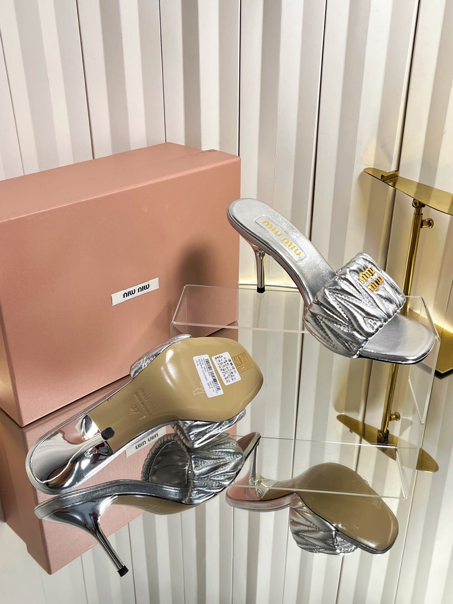 Miumiu 26s High-Heel Mule Sandals 85mm In Sliver Calfskin Gold Hardware