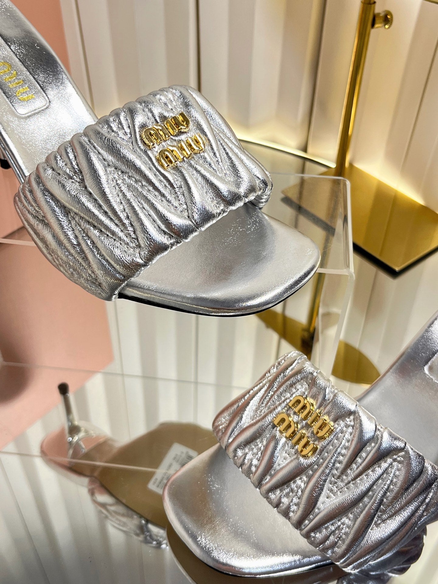 Miumiu 26s High-Heel Mule Sandals 85mm In Sliver Calfskin Gold Hardware