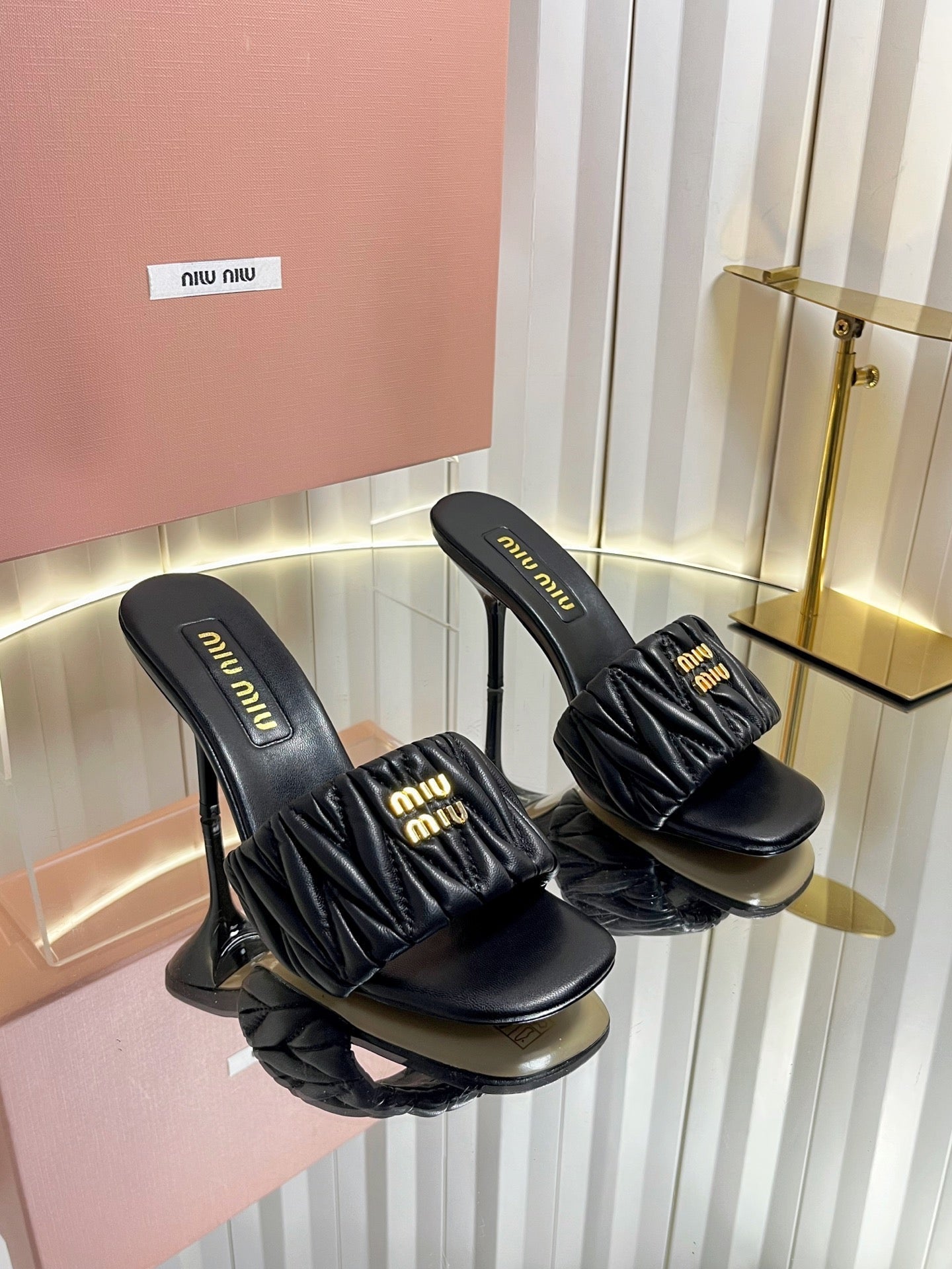 Miu 26s Padded Matelasse Mule Heels 85mm In Black Calfskin Gold Hardware