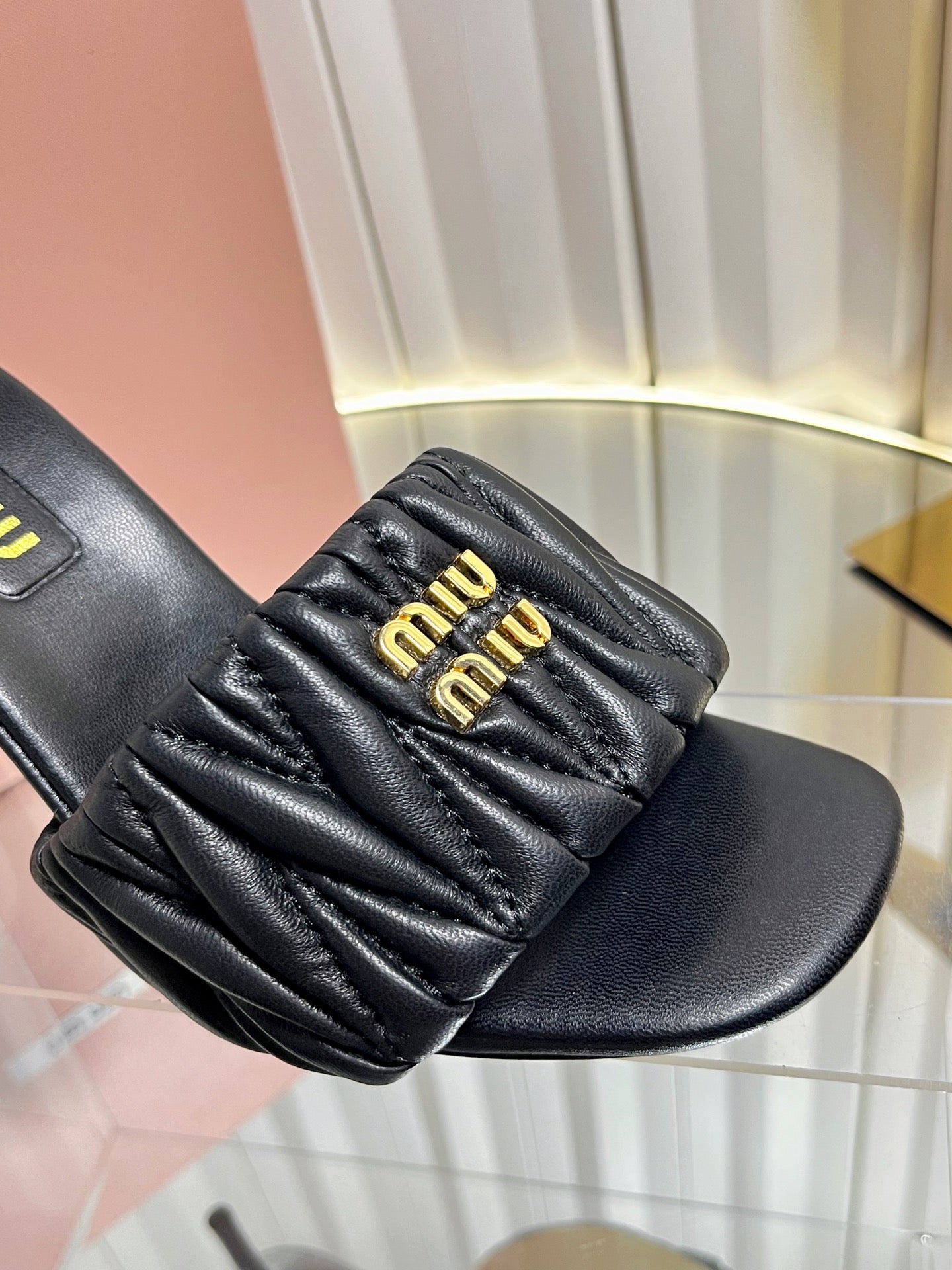 Miu 26s Padded Matelasse Mule Heels 85mm In Black Calfskin Gold Hardware