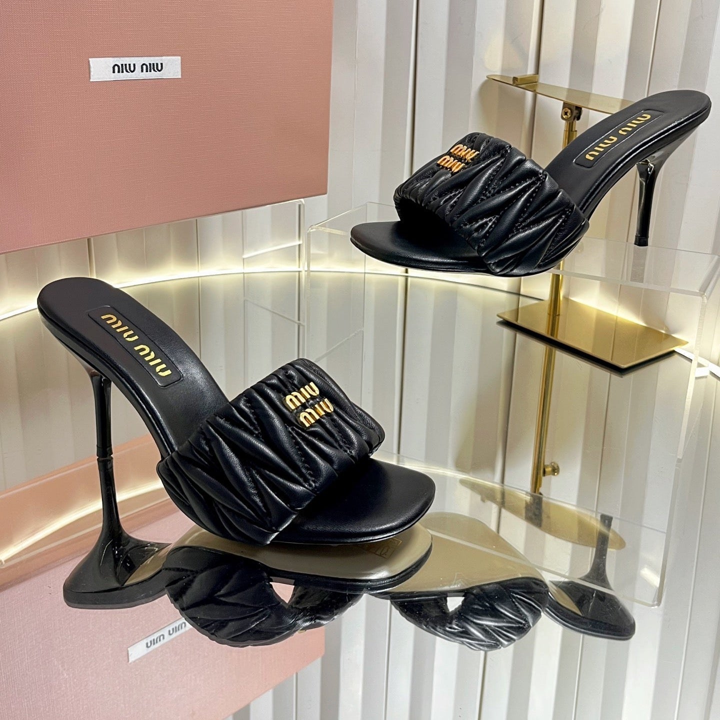 Miu 26s Padded Matelasse Mule Heels 85mm In Black Calfskin Gold Hardware