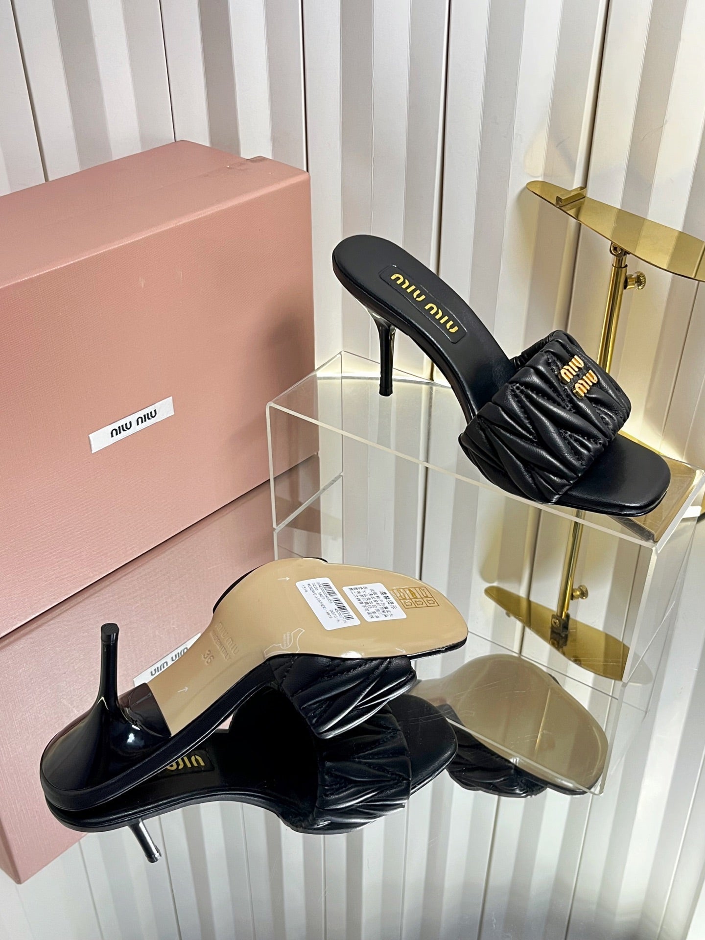 Miu 26s Padded Matelasse Mule Heels 85mm In Black Calfskin Gold Hardware