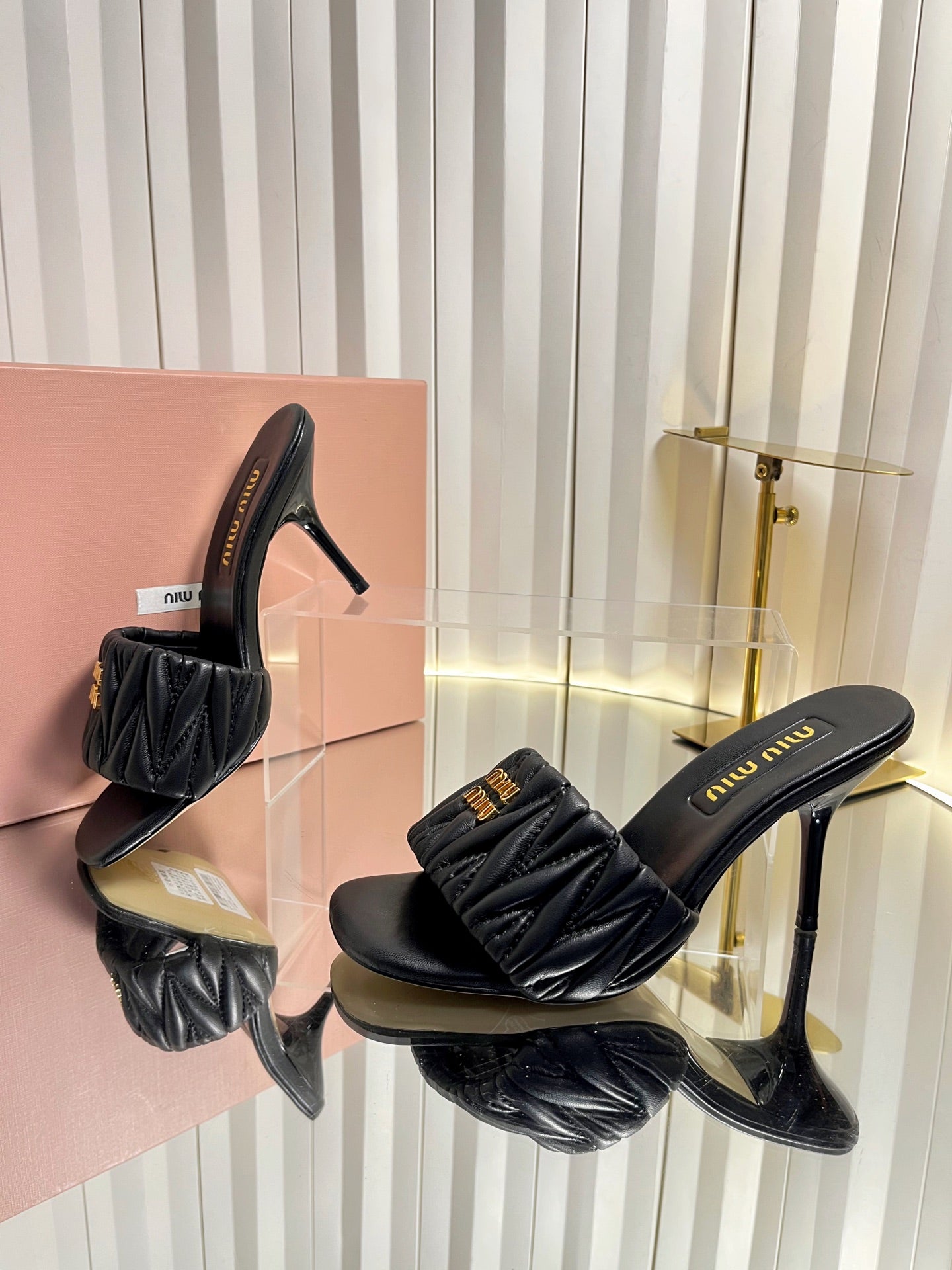 Miu 26s Padded Matelasse Mule Heels 85mm In Black Calfskin Gold Hardware