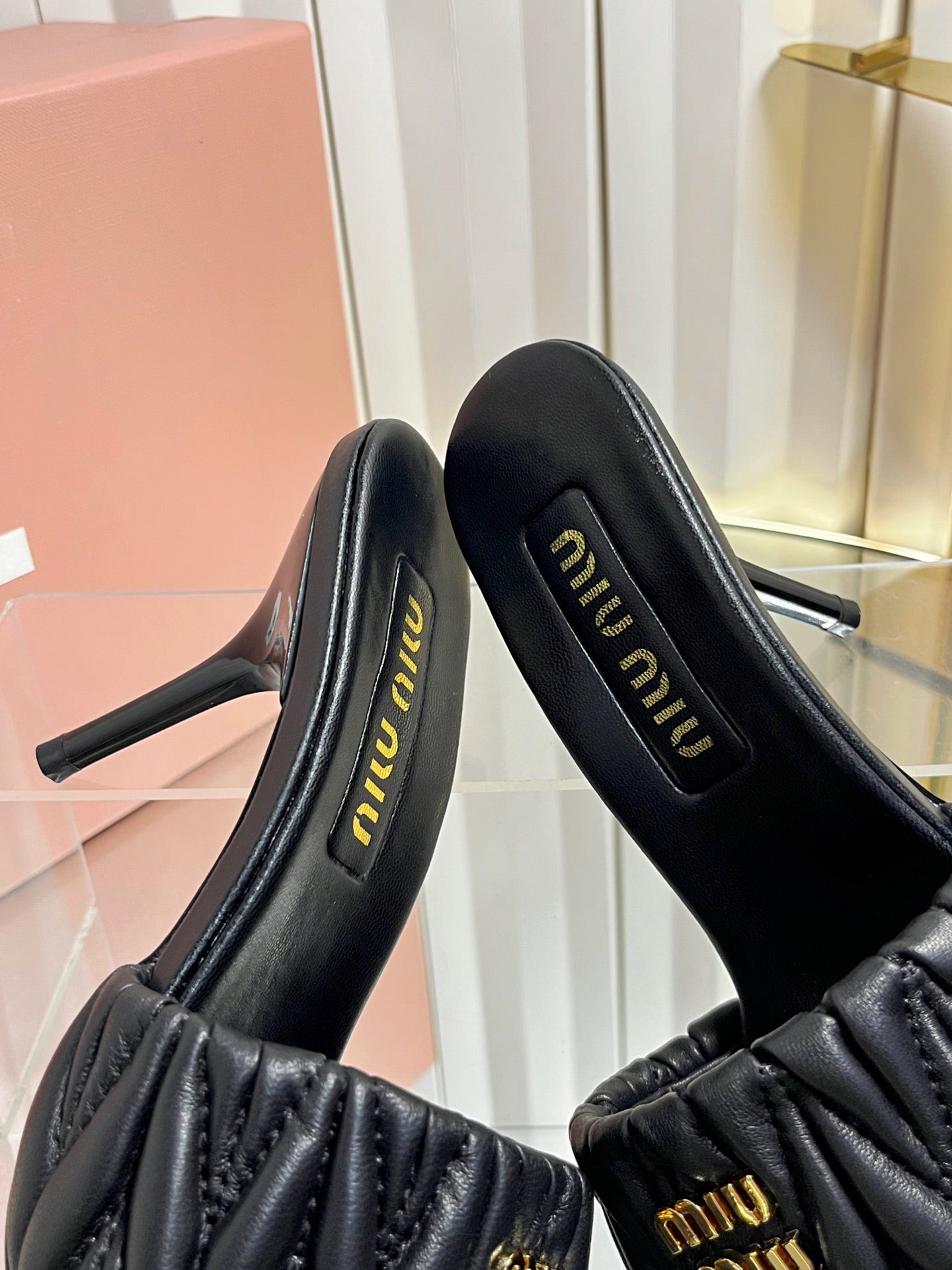 Miu 26s Padded Matelasse Mule Heels 85mm In Black Calfskin Gold Hardware