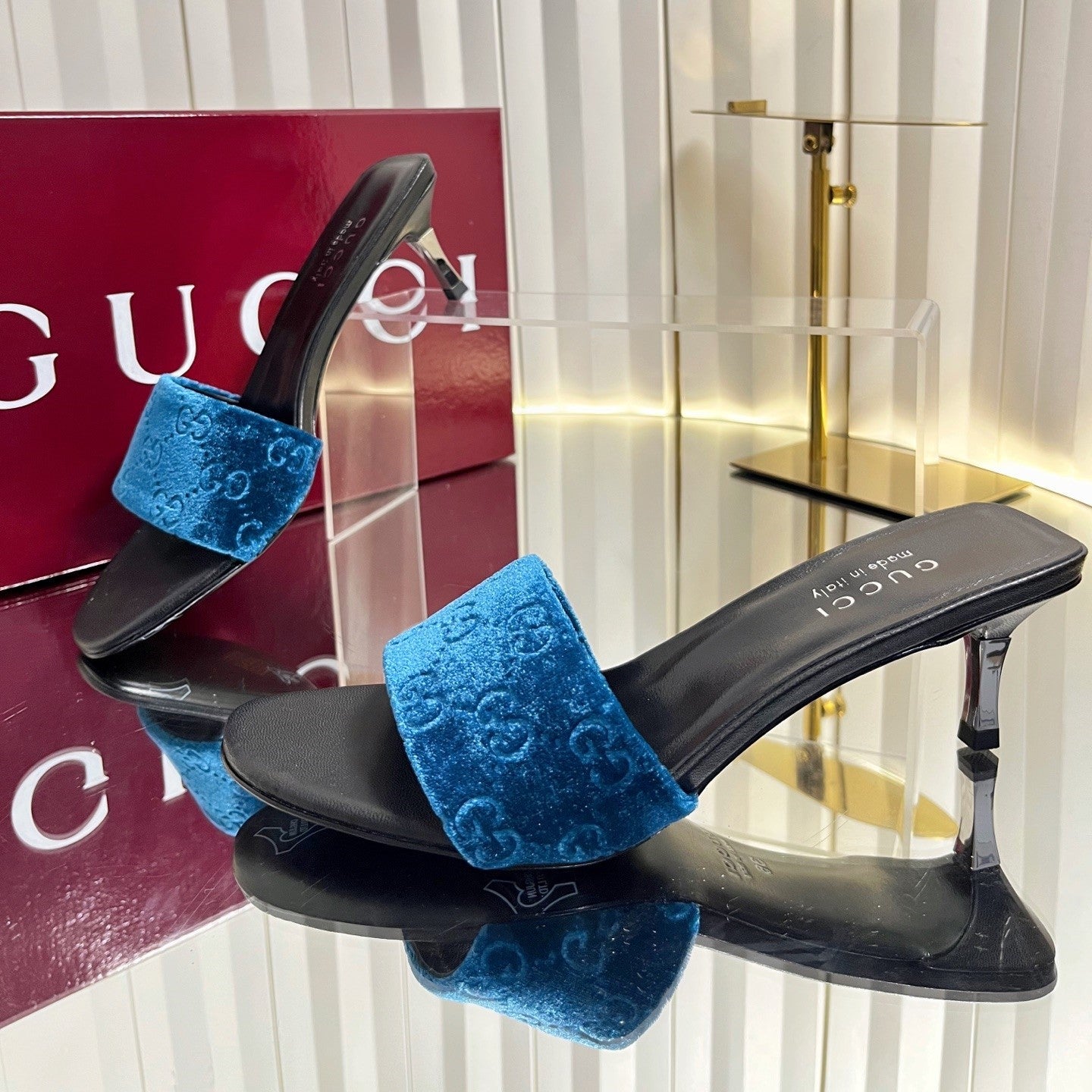 GG 26s Bombshell Sandal 5cm Black Blue Velvet Leather 768153