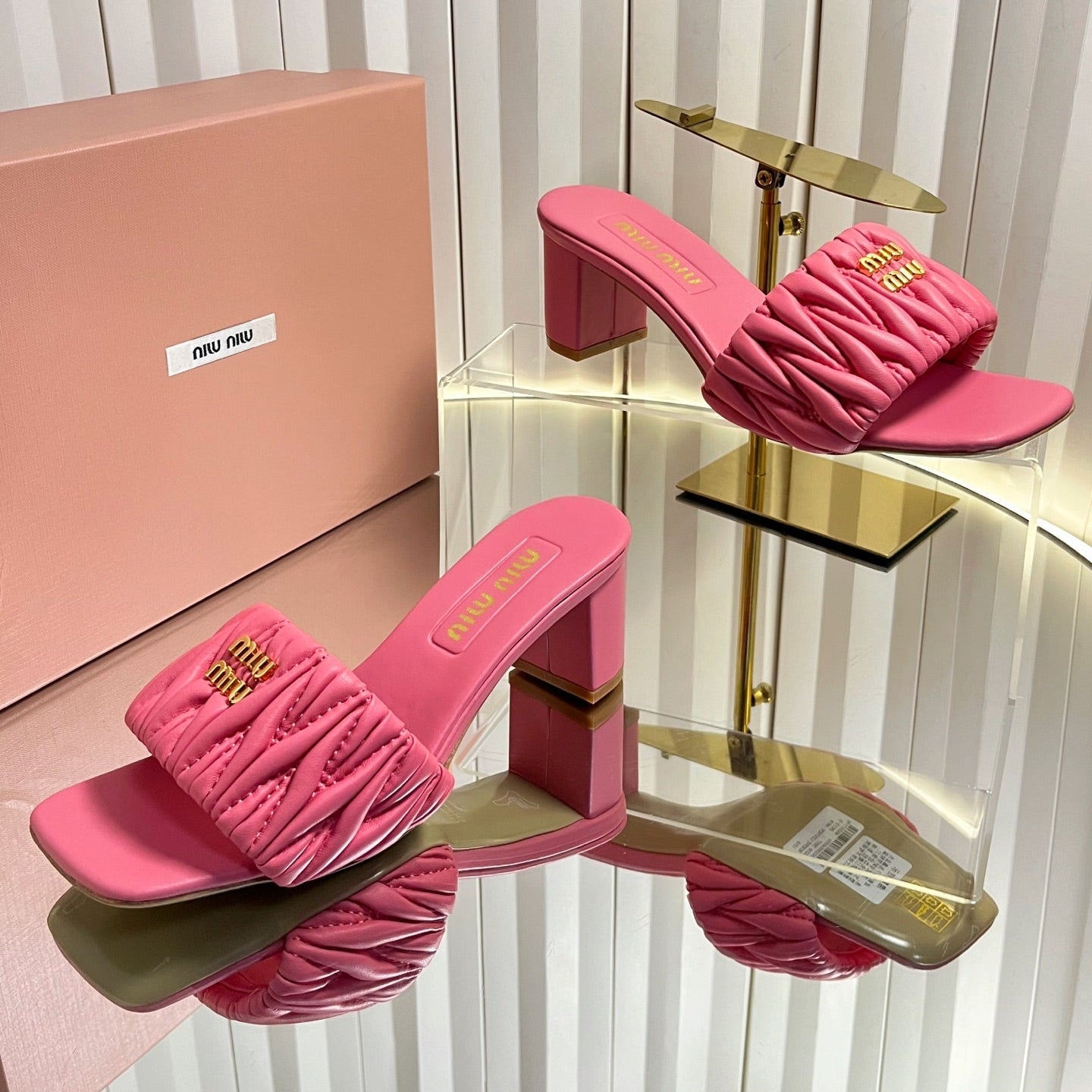 Miumiu 26s Padded Matelasse Mule Heels 65mm In Pink Calfskin Gold Hardware
