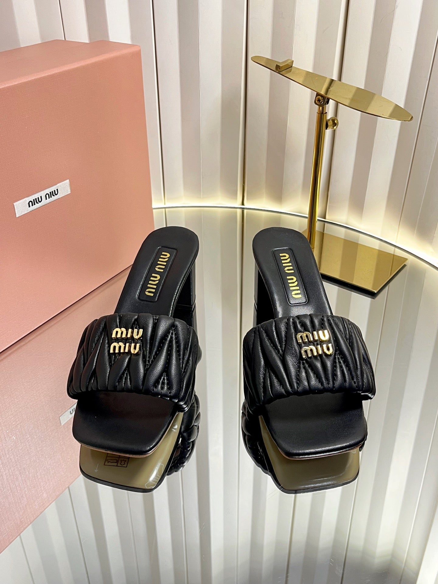 Miumiu 26s Padded Matelasse Mule Heels 65mm In Black Calfskin Gold Hardware