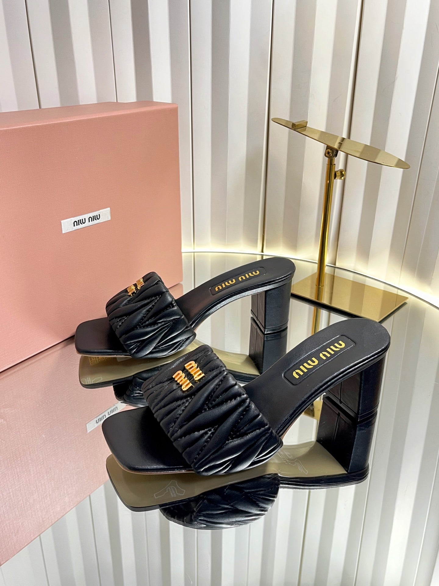 Miumiu 26s Padded Matelasse Mule Heels 65mm In Black Calfskin Gold Hardware