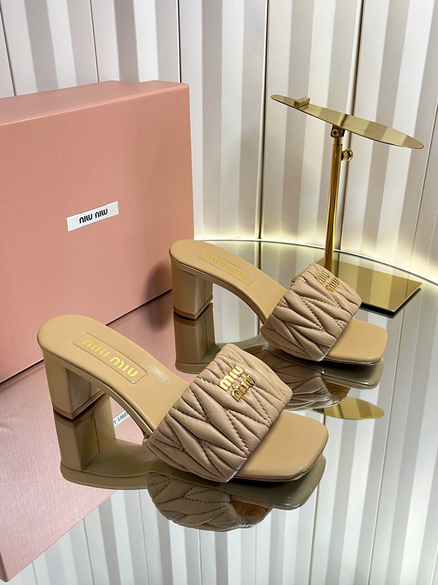 Miumiu 26s Padded Matelasse Mule Heels 65mm In Beige Calfskin Gold Hardware