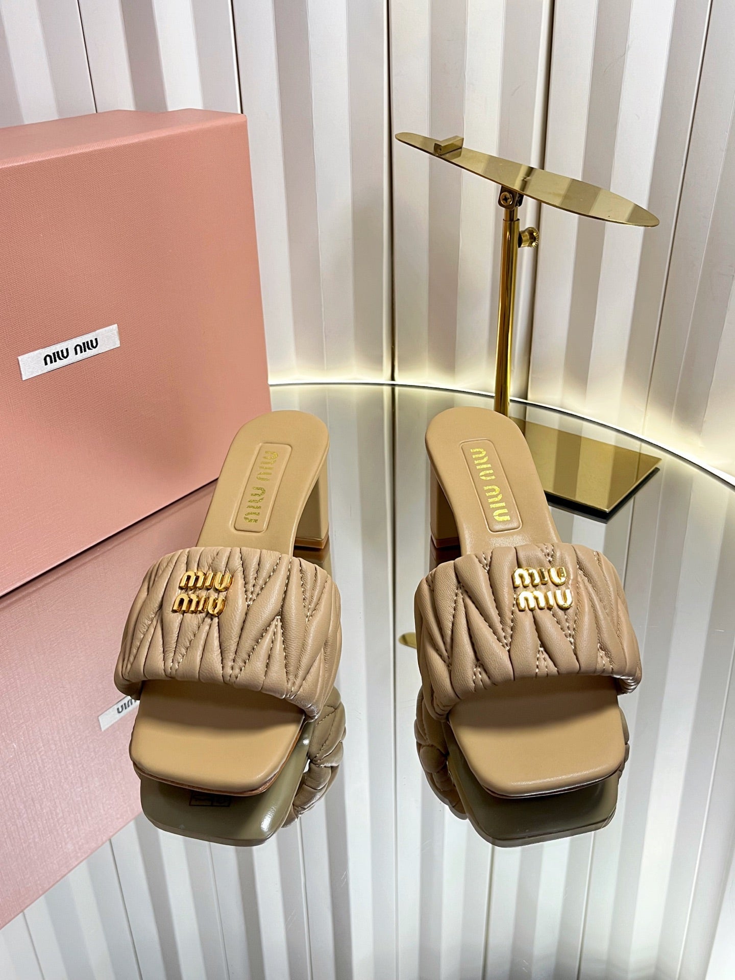 Miumiu 26s Padded Matelasse Mule Heels 65mm In Beige Calfskin Gold Hardware