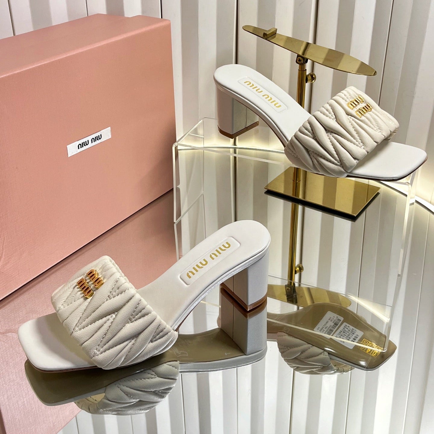 Miumiu 26s Padded Matelasse Mule Heels 65mm In Light Beige Calfskin Gold Hardware