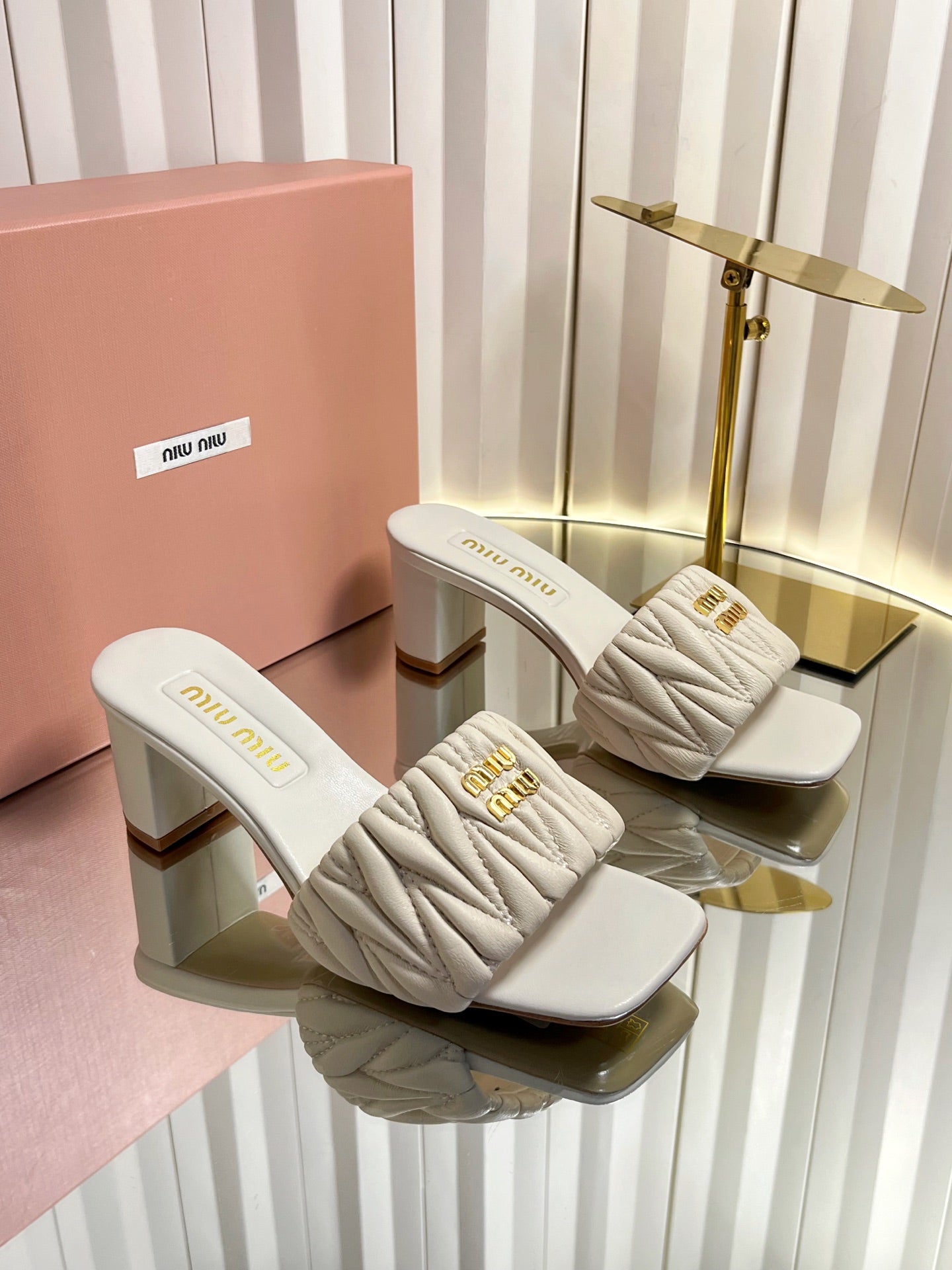 Miumiu 26s Padded Matelasse Mule Heels 65mm In Light Beige Calfskin Gold Hardware