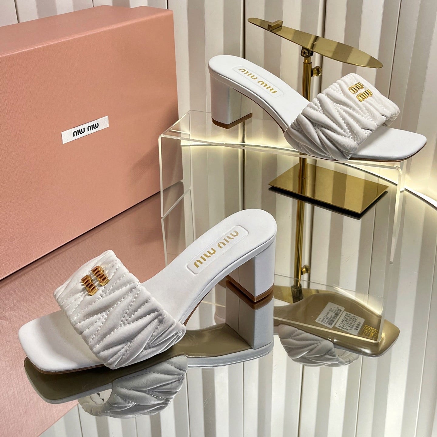 Miumiu 26s Padded Matelasse Mule Heels 65mm In White Calfskin Gold Hardware