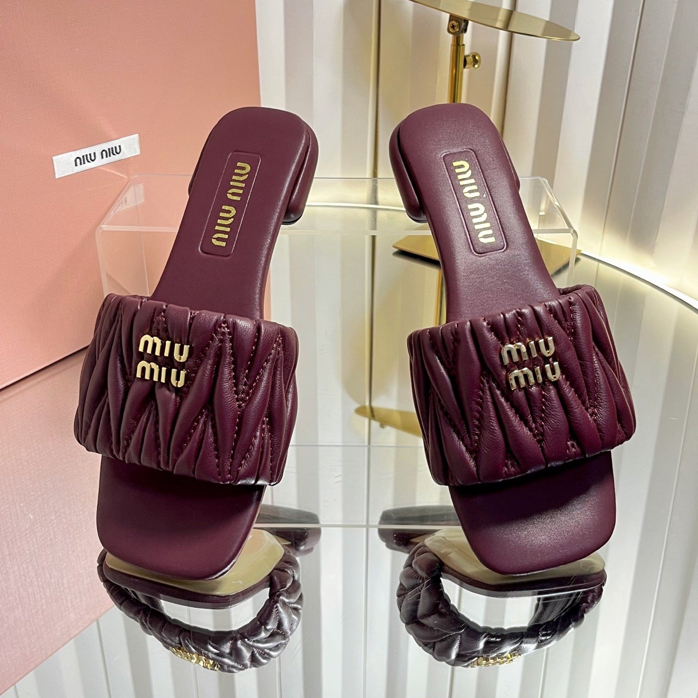 Miumiu 26s Matelasse Slides In Burgundy Calfskin Gold Hardware