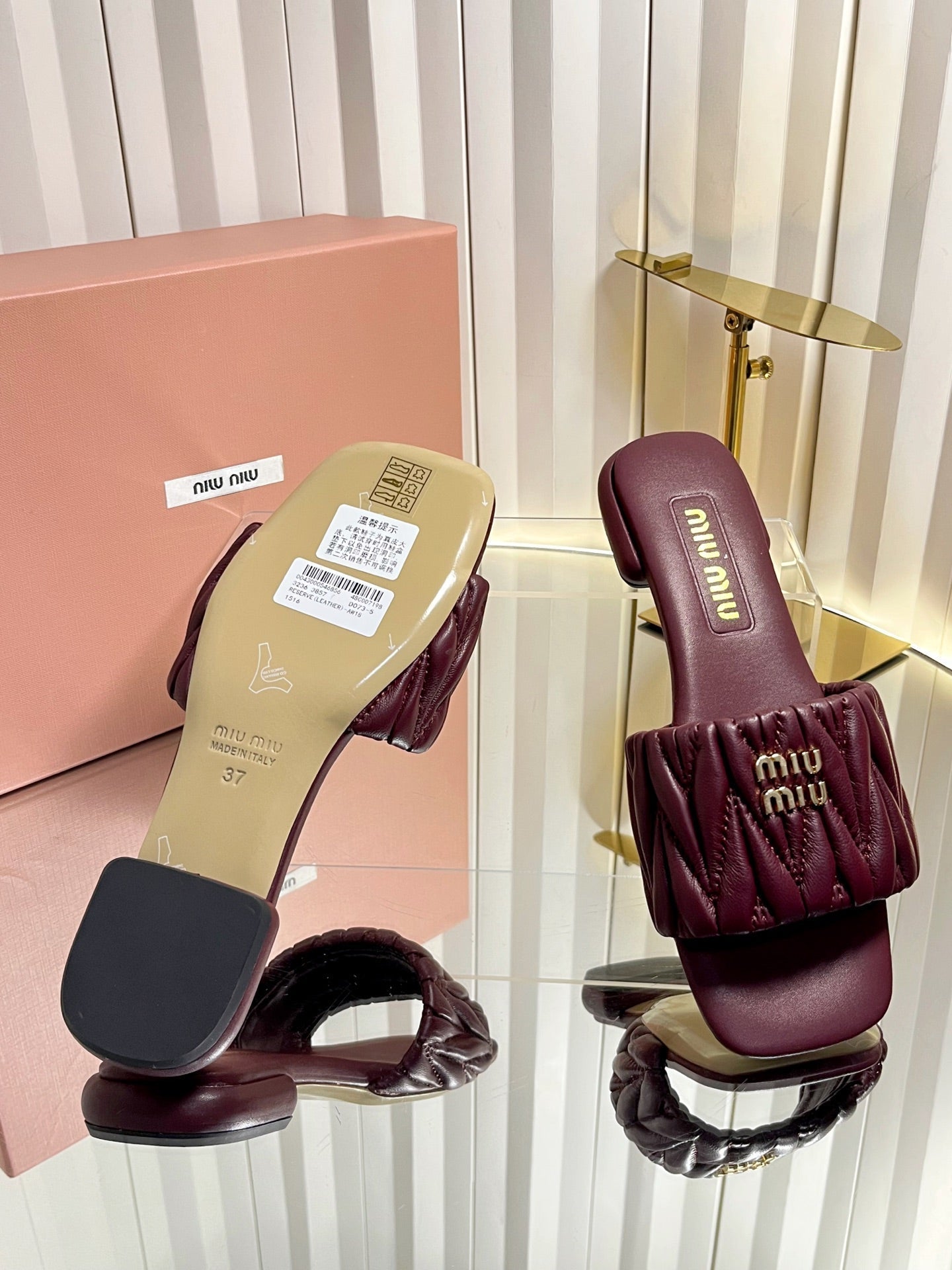 Miumiu 26s Matelasse Slides In Burgundy Calfskin Gold Hardware