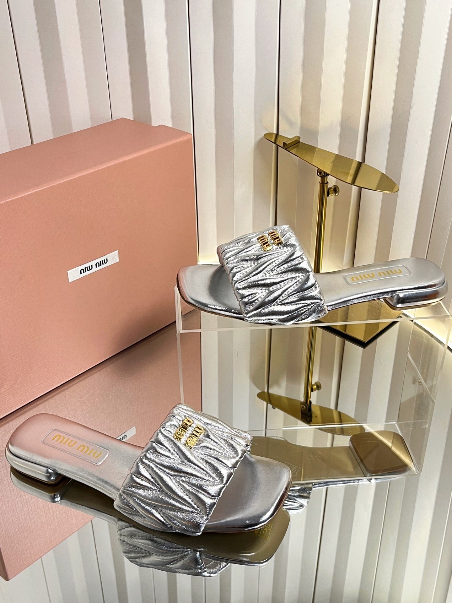 Miumiu 26s Matelasse Slides In Sliver Calfskin Gold Hardware