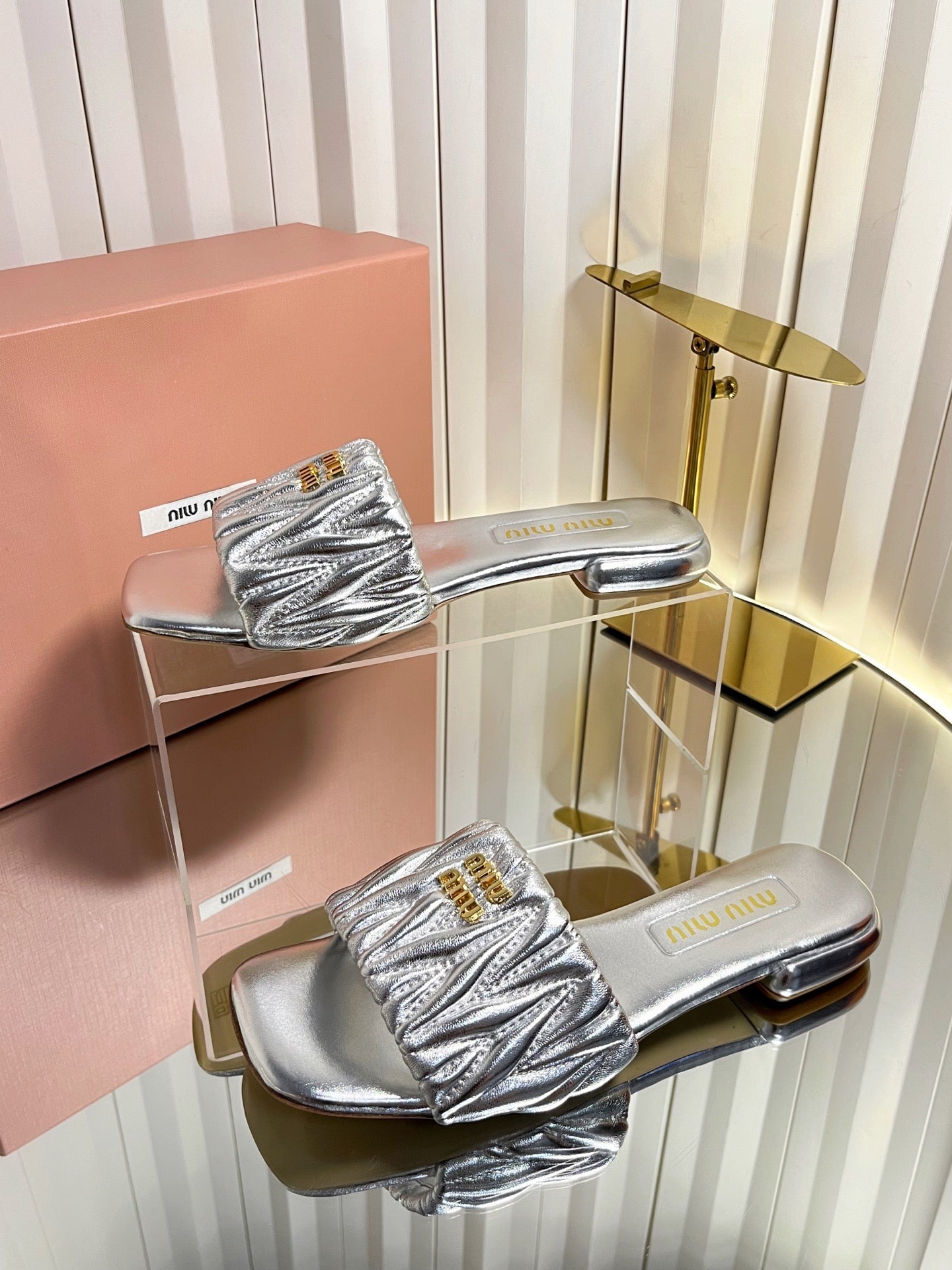 Miumiu 26s Matelasse Slides In Sliver Calfskin Gold Hardware
