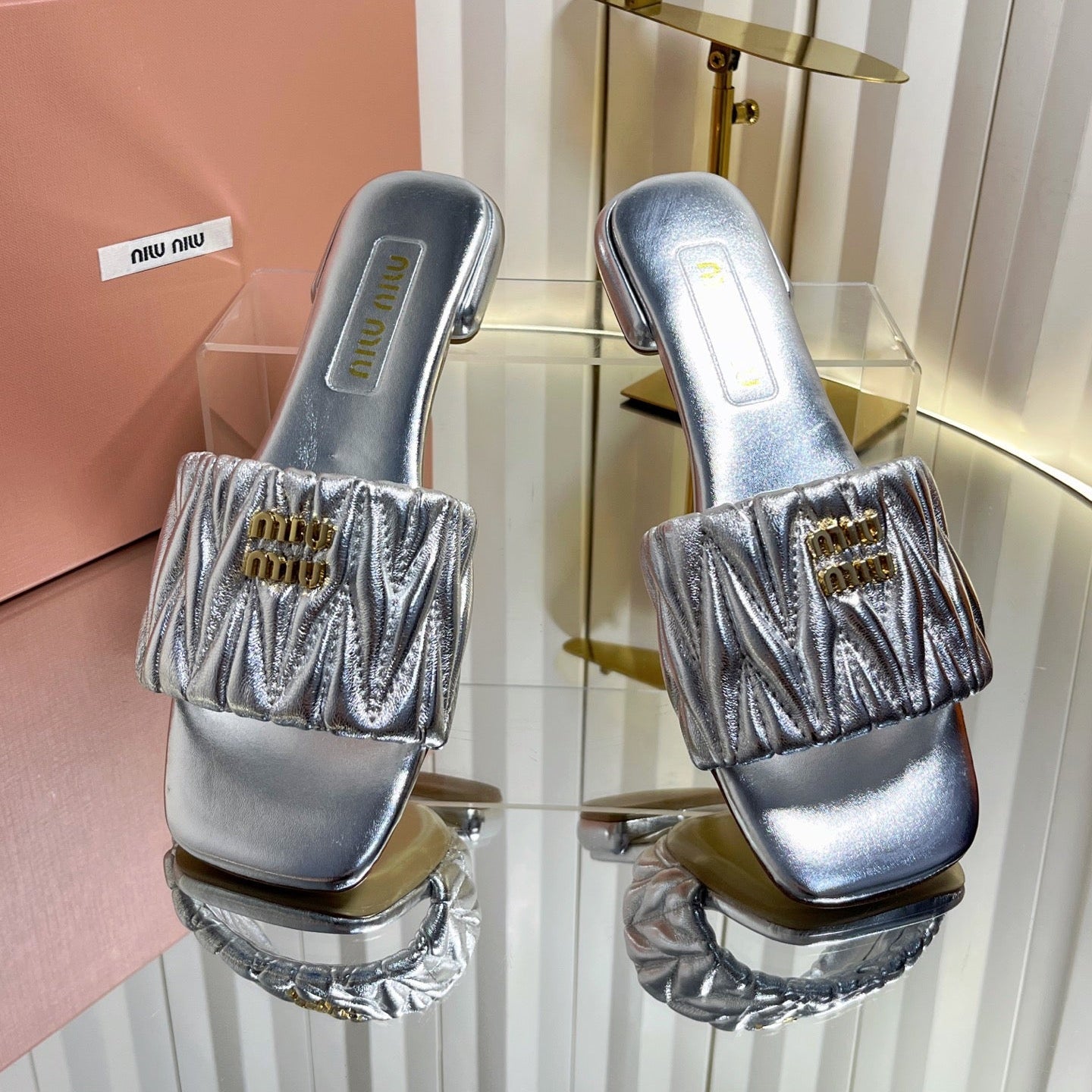 Miumiu 26s Matelasse Slides In Sliver Calfskin Gold Hardware