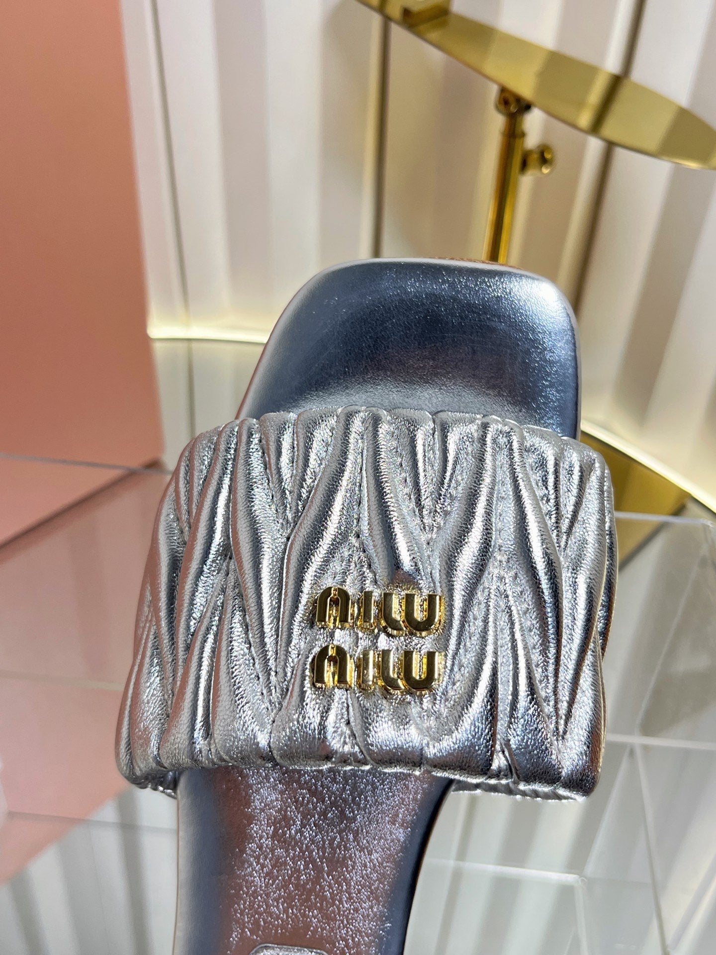 Miumiu 26s Matelasse Slides In Sliver Calfskin Gold Hardware