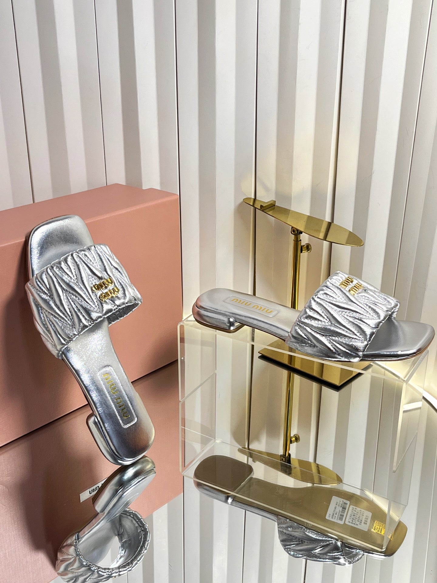 Miumiu 26s Matelasse Slides In Sliver Calfskin Gold Hardware