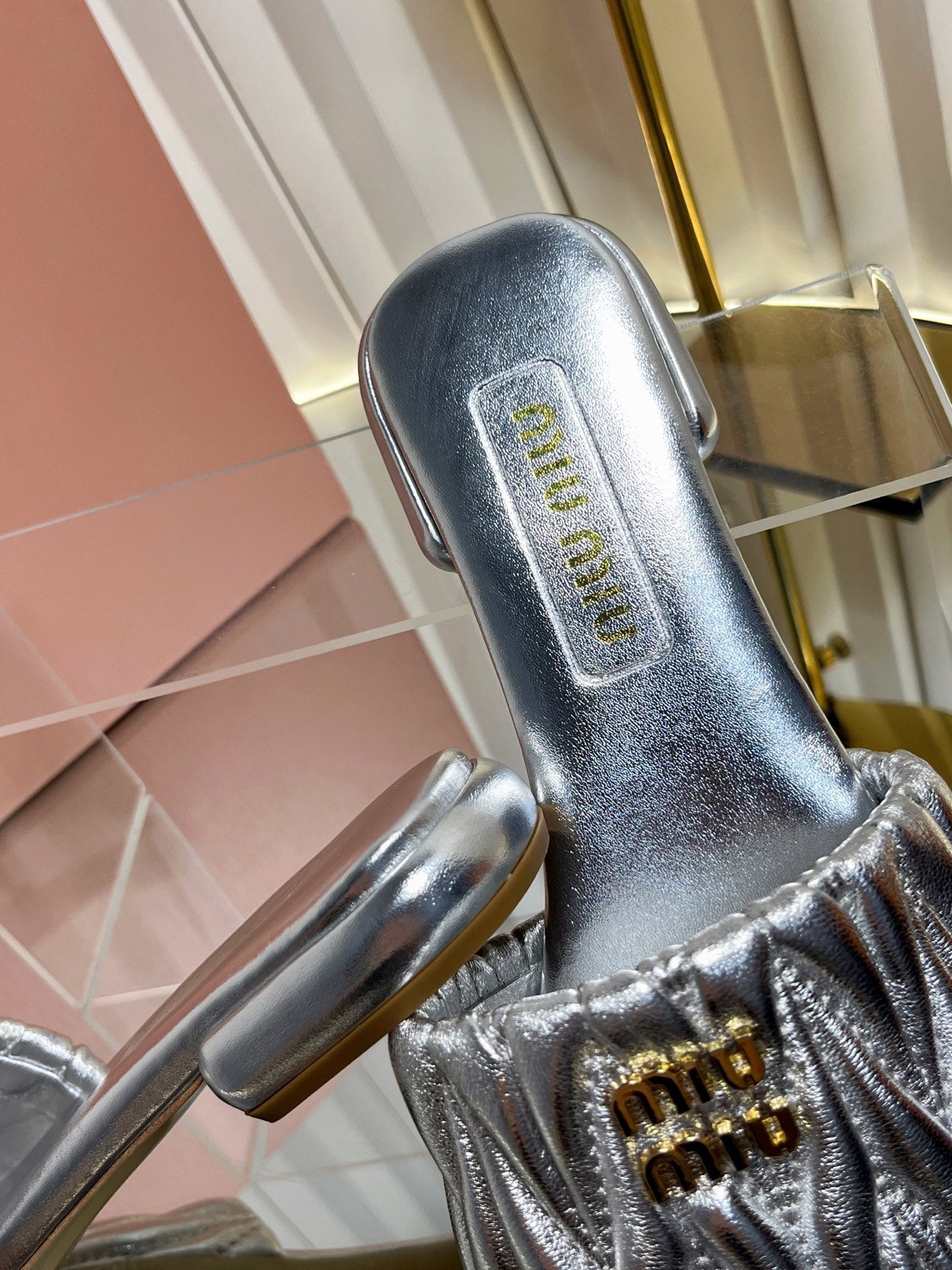 Miumiu 26s Matelasse Slides In Sliver Calfskin Gold Hardware