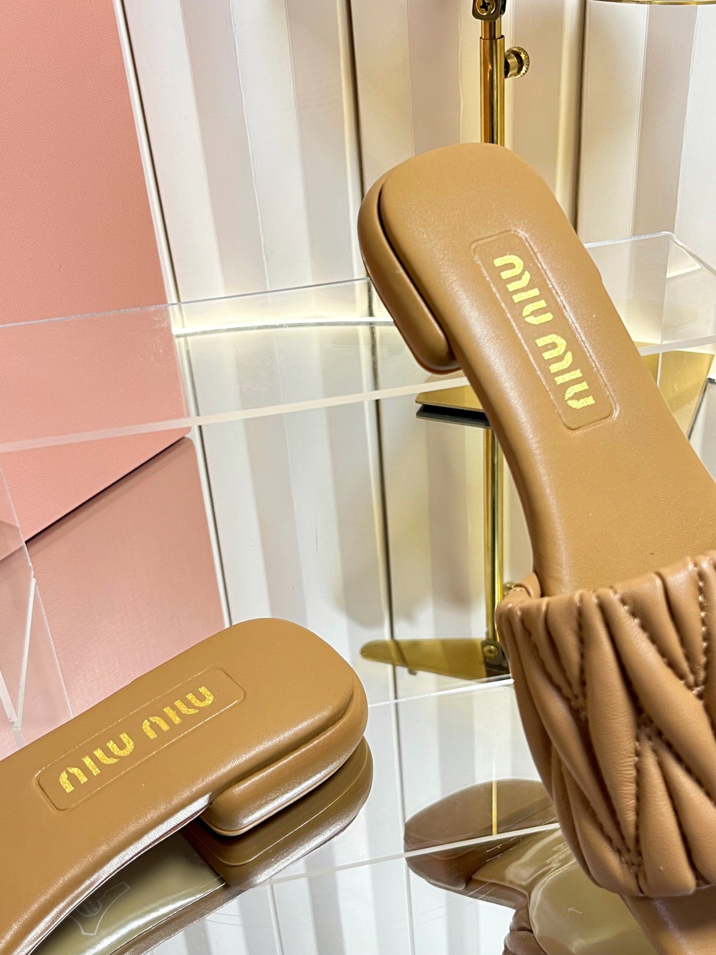 Miumiu 26s Matelasse Slides In Black Calfskin Gold Hardware