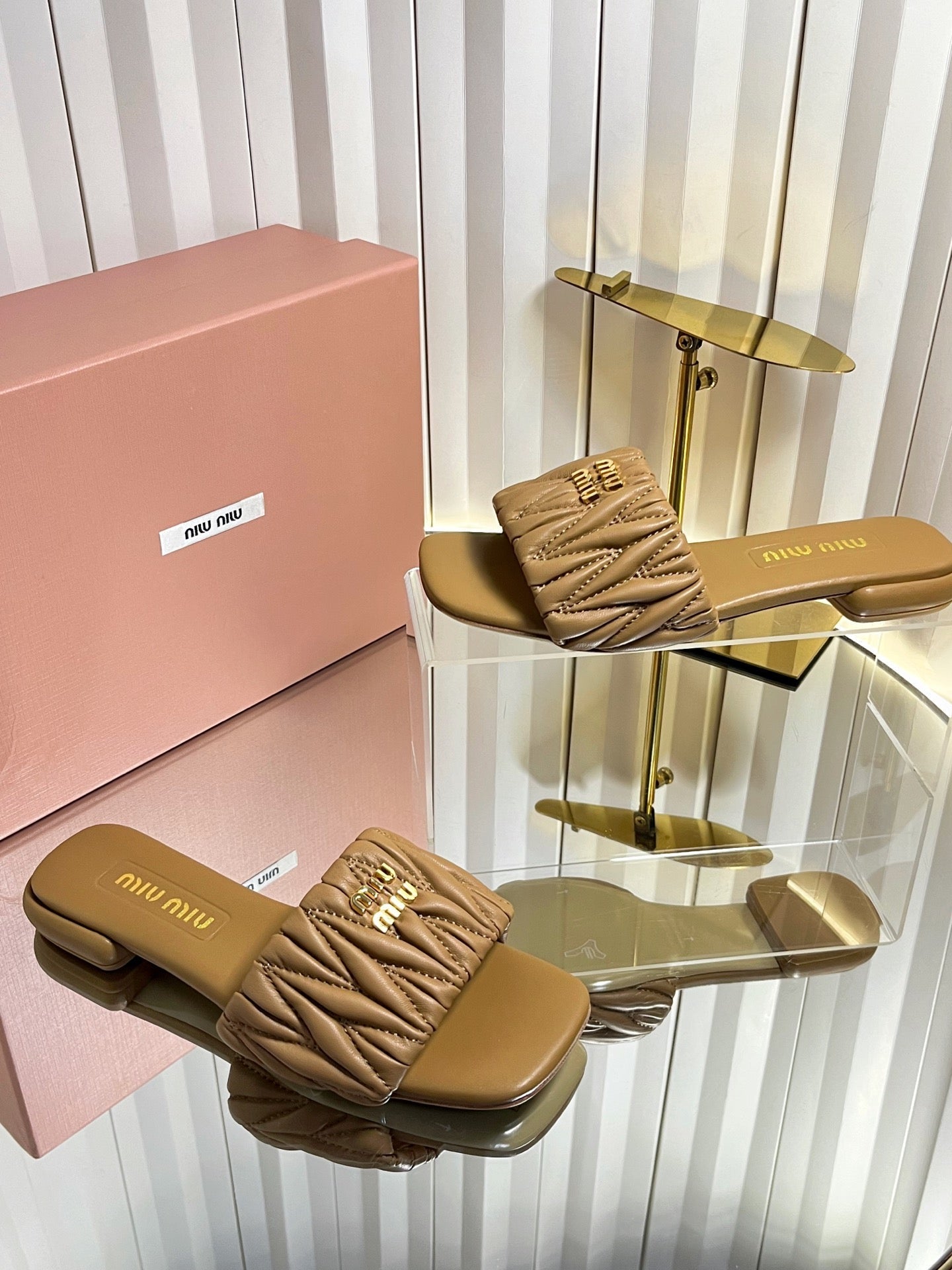 Miumiu 26s Matelasse Slides In Black Calfskin Gold Hardware